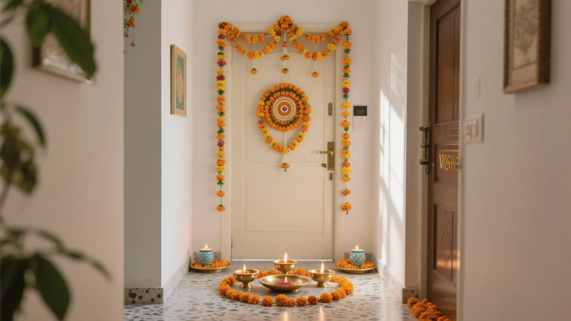 Floral Welcome: Marigolds, Rangoli & Diyas