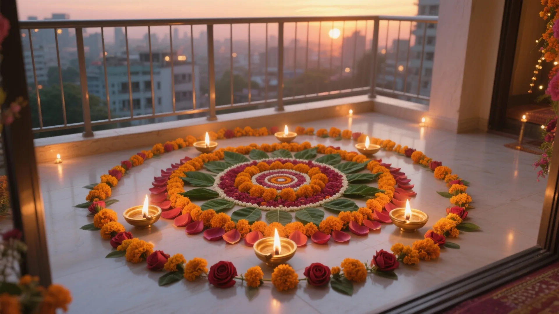 Concentric floral rangoli with marigold, rose, leaves and glowing diyas.
