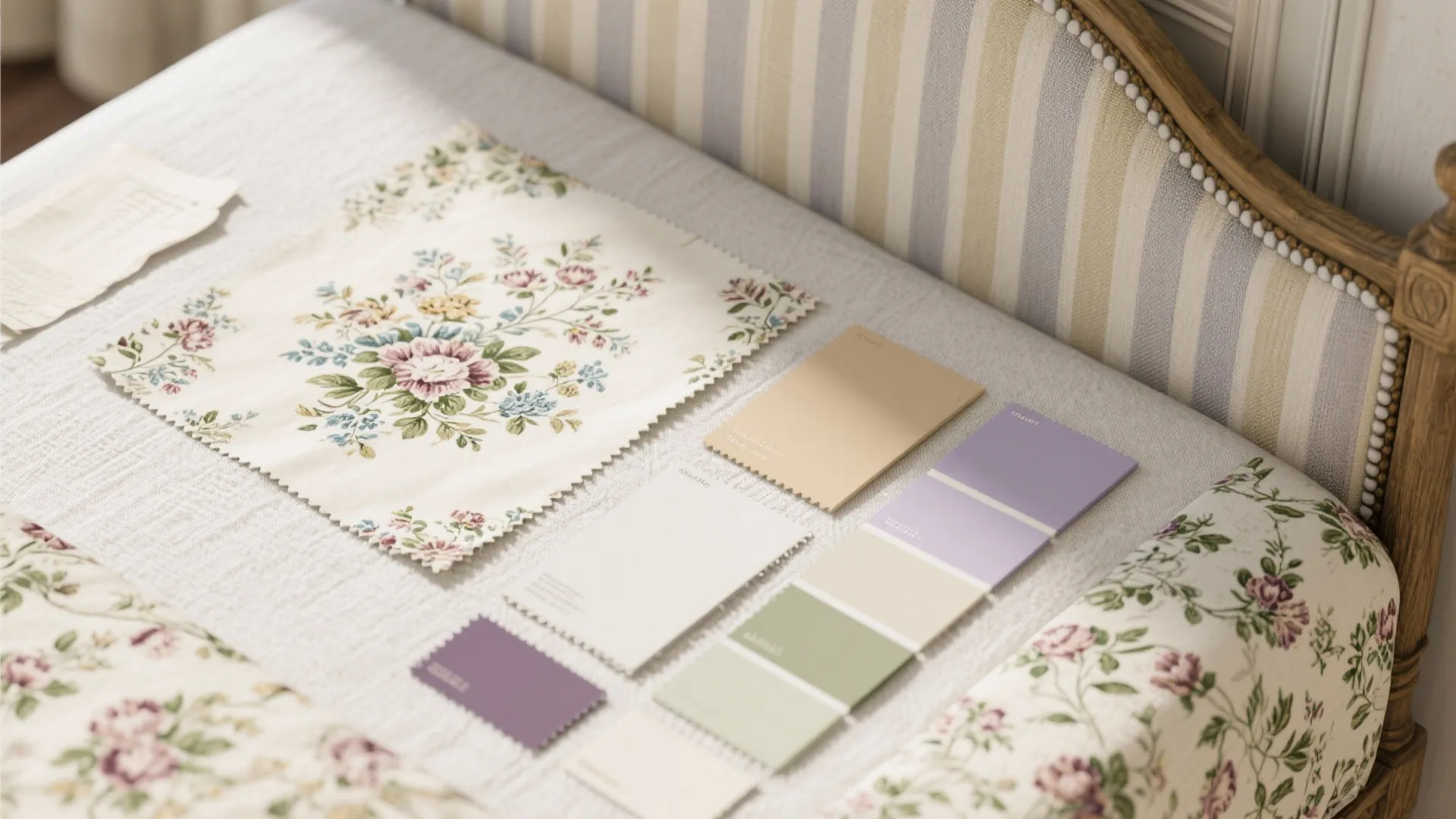 Floral fabric samples and color palette cards laying on a bed with a striped headboard