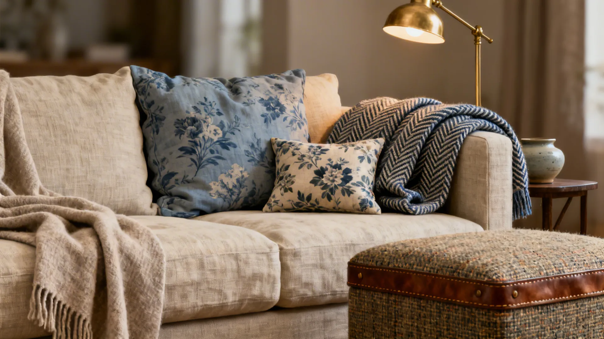 Linen sofa with muted blue toile cushions and wool herringbone throw.