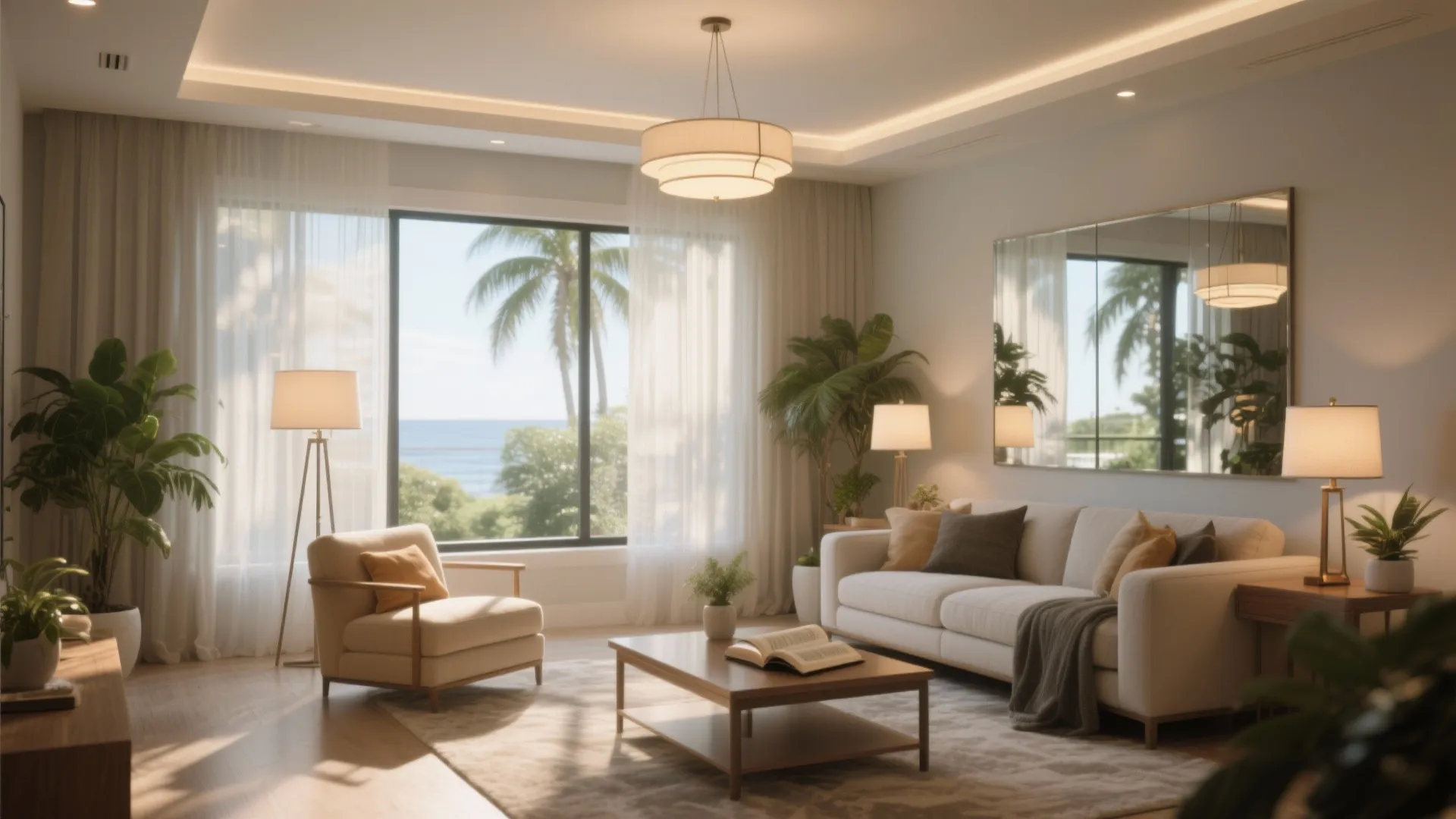 Living room with sheer curtains and layered lighting maximizing Orlando natural light