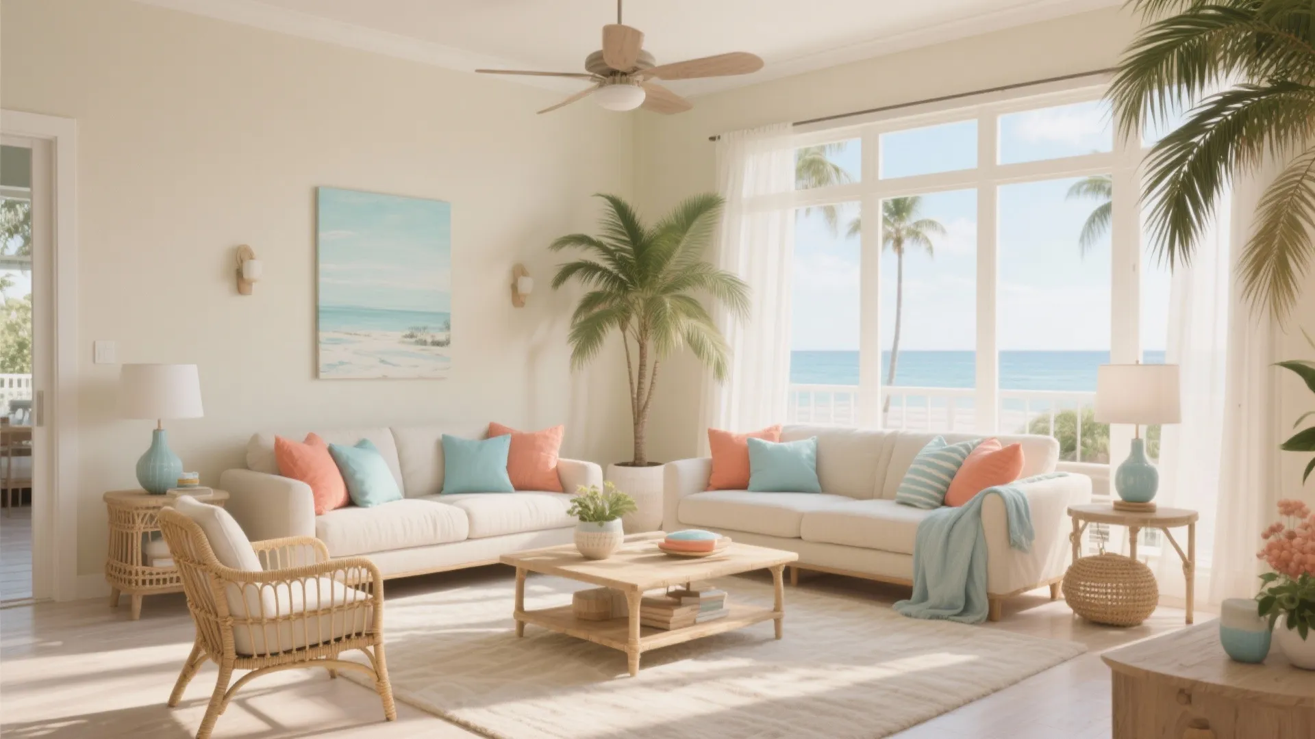 Bright coastal living room with white sofas, colorful pillows, coffee table, and beach view window