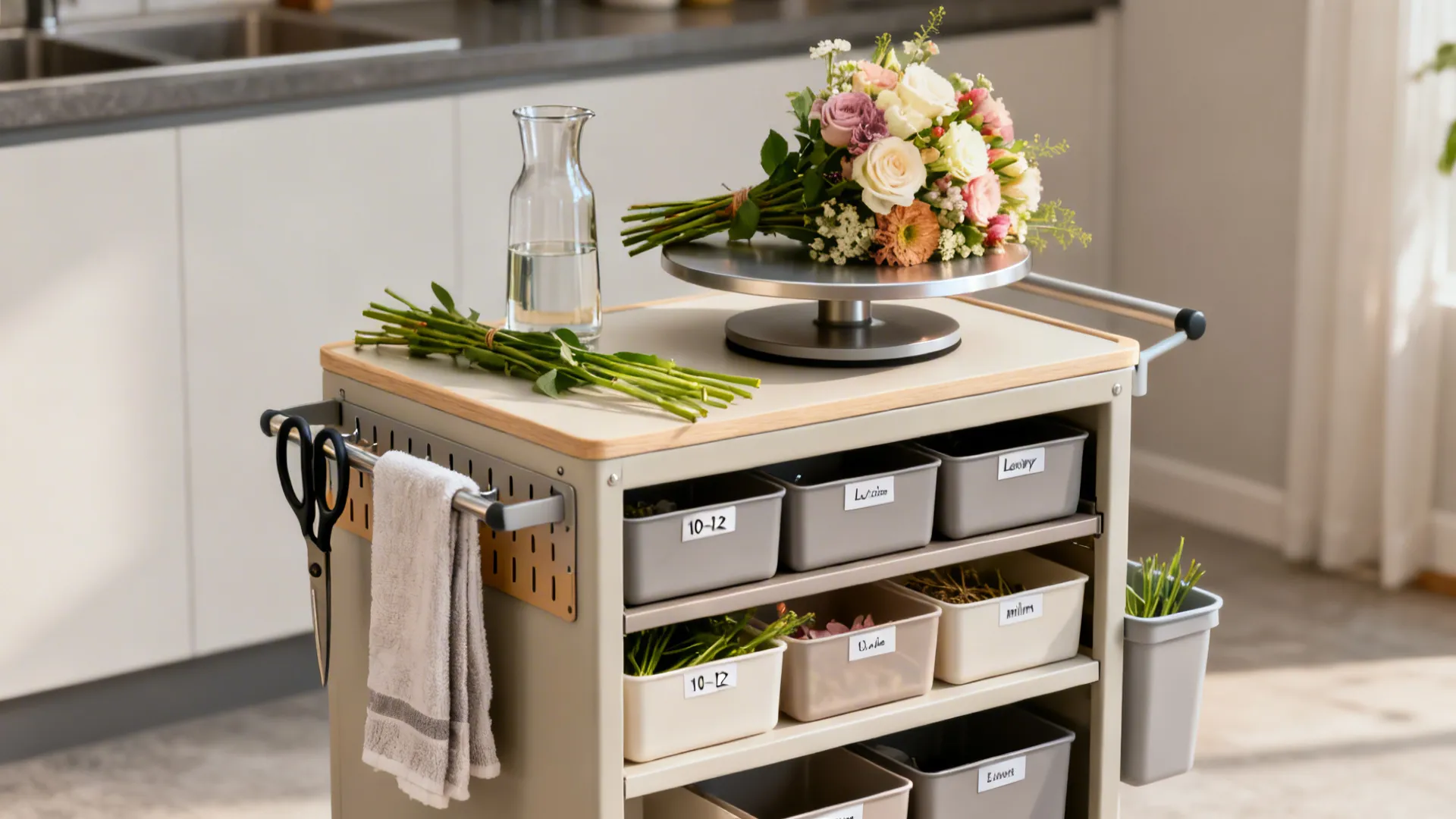Compact florist’s workflow on wheels