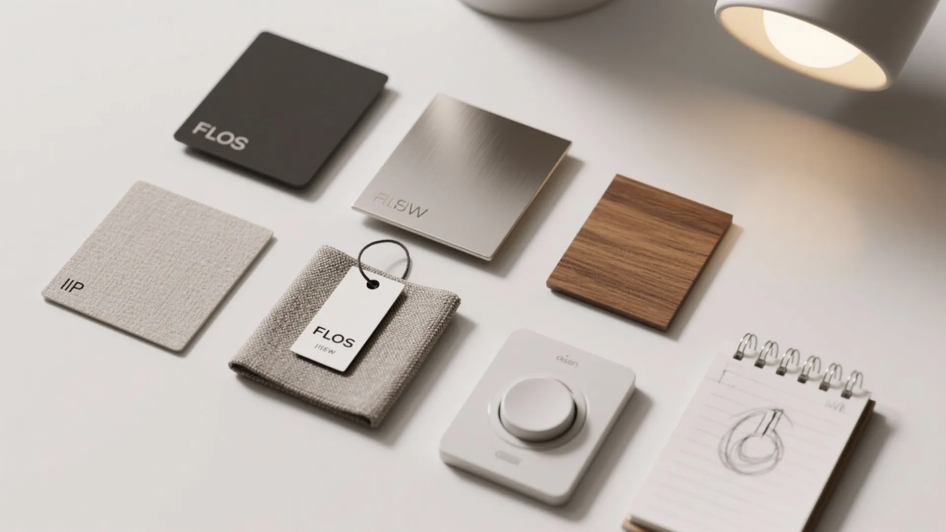 Flatlay of Flos fixture material and finish samples, dimmer switch, and planner sketch