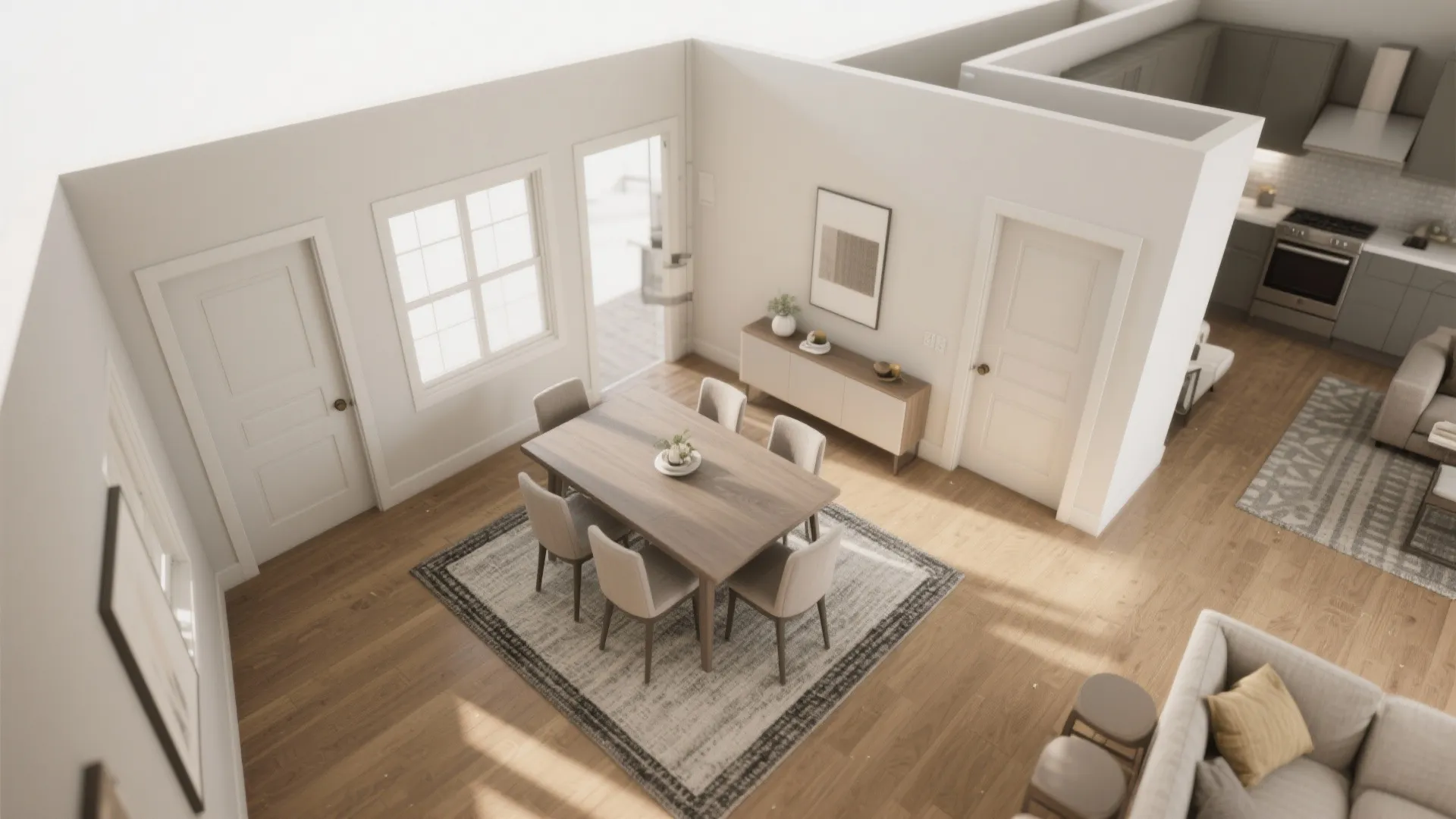 Modern dining room with wooden table six chairs large rug cabinet and kitchen in background