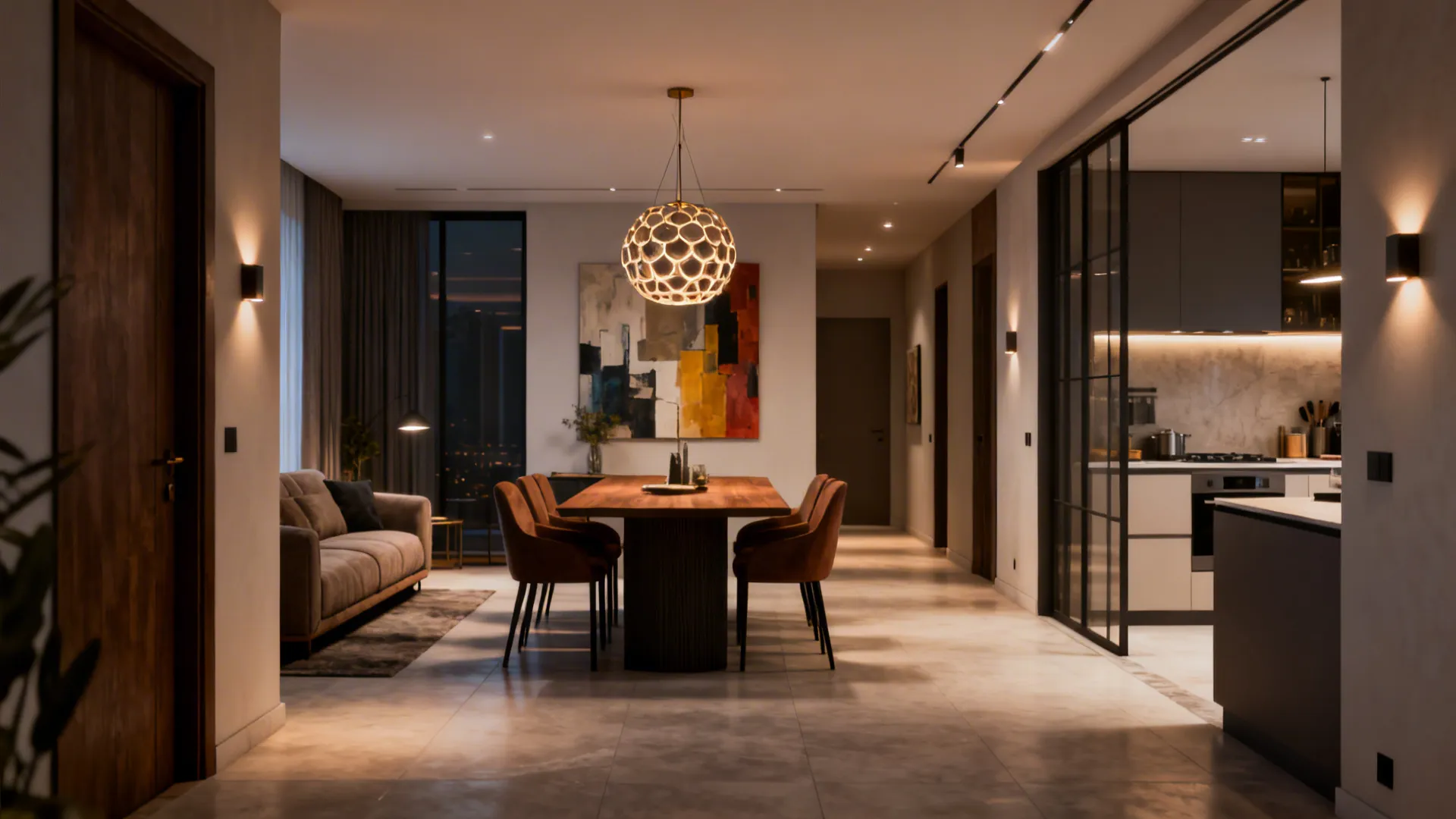 Open-plan room with clear traffic flow and focal points like pendant and art wall