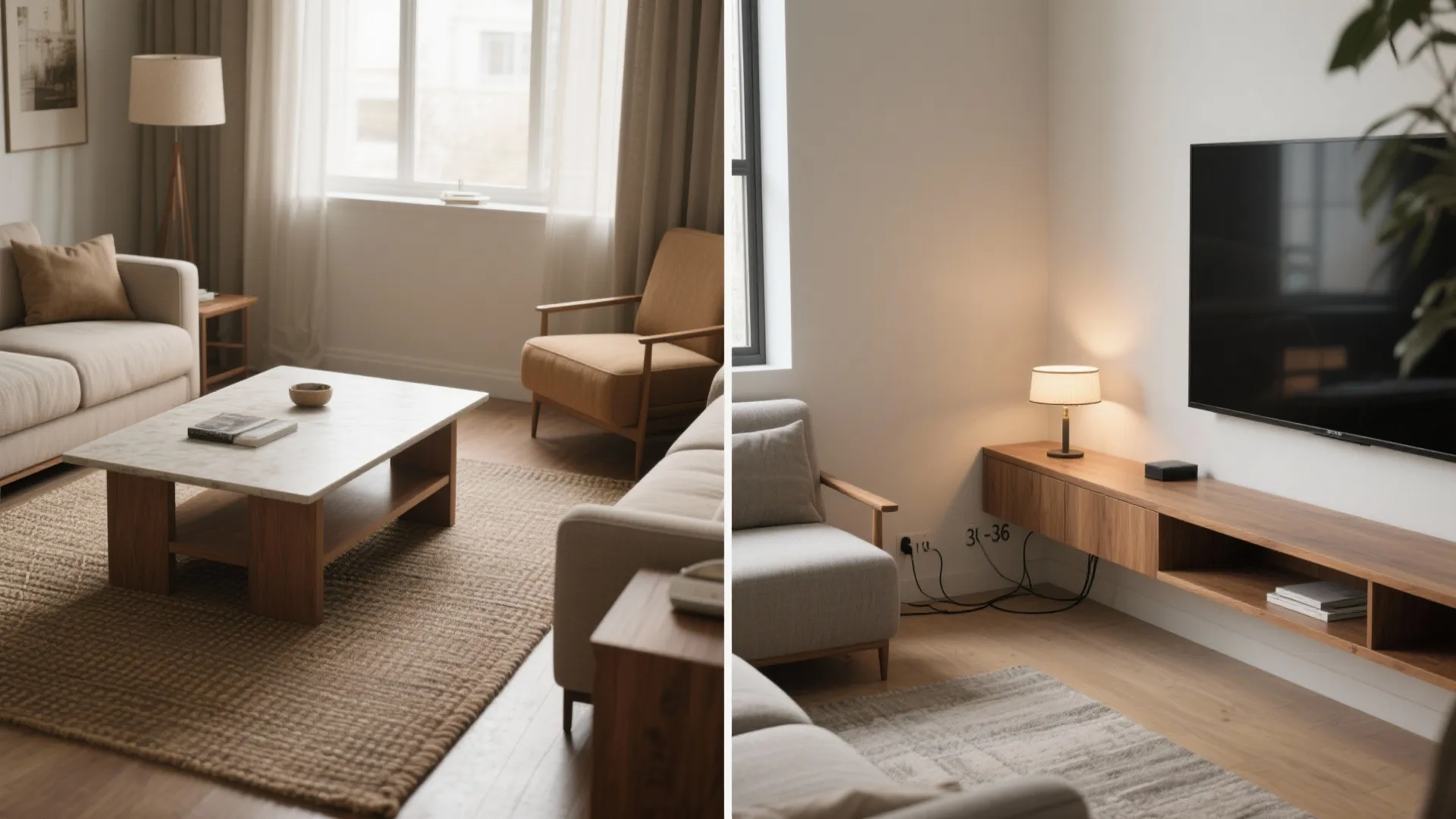 Comparison showing a traditional living room layout and a modern television area with wooden cabinet