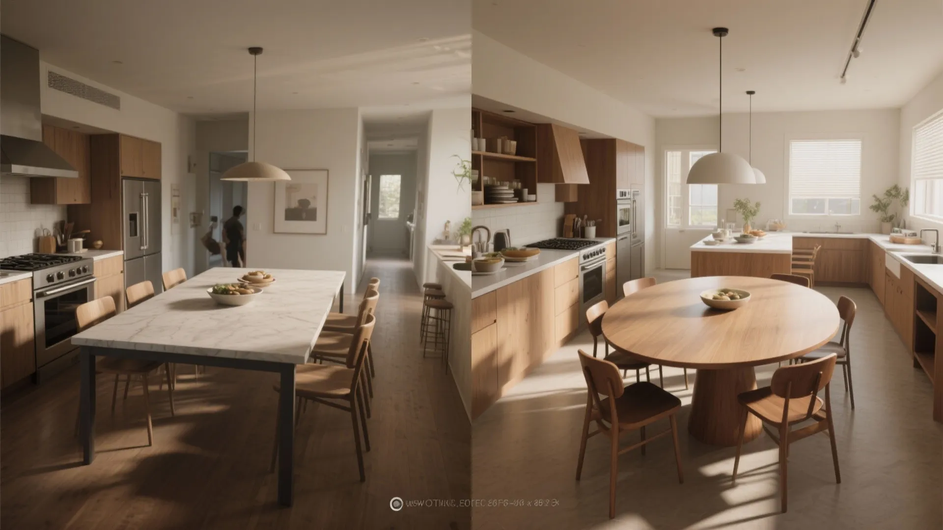 Before and after interior design drawing comparison showing a rectangular table versus a round table