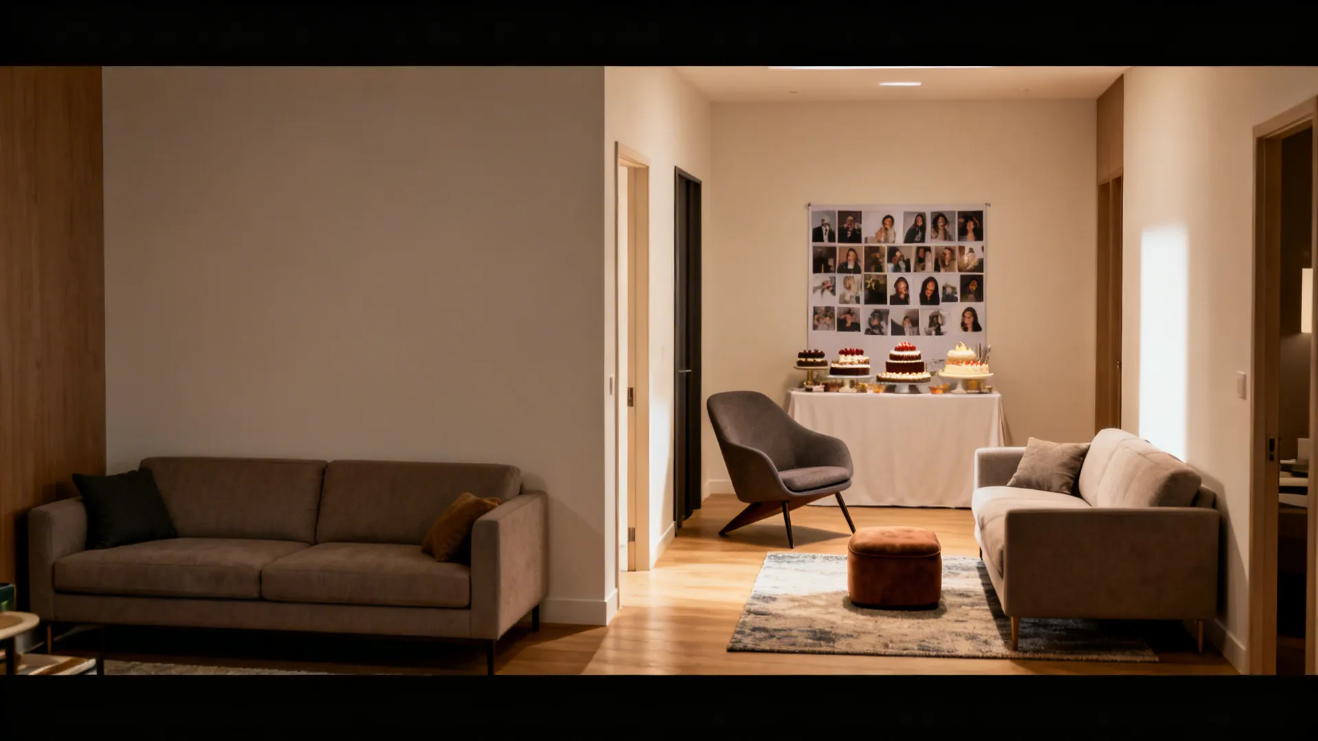 Before-and-after of living room layout improving flow for a birthday party.