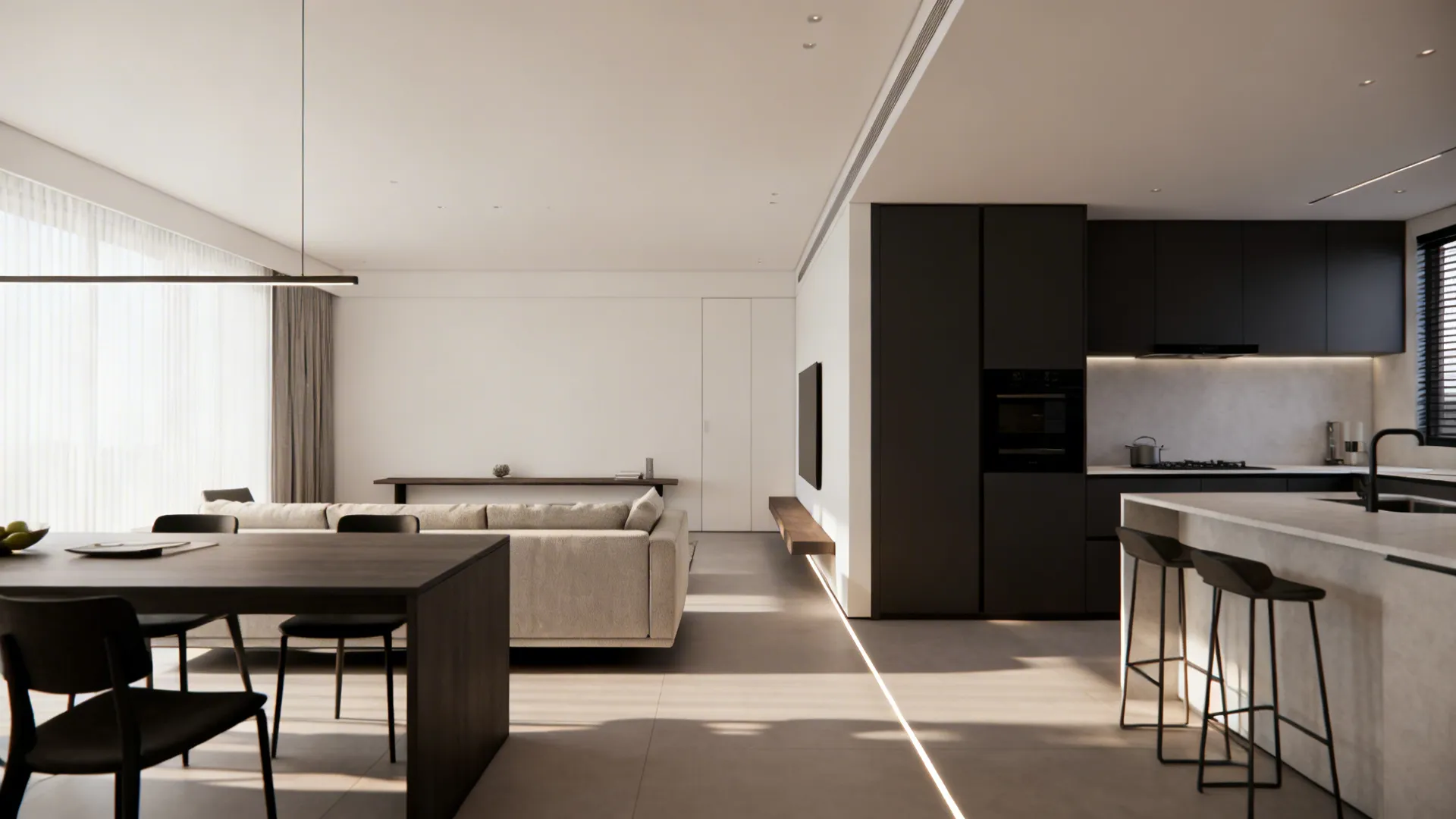 Floating sofa aligned parallel to dining table to create a clear circulation path