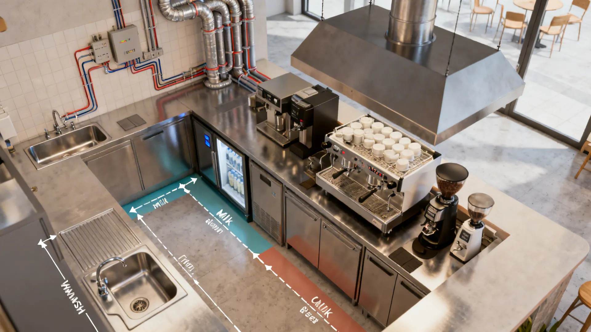 Top-down cafe plan highlighting sink separation, aisle clearances, utilities, and captured hot zone.