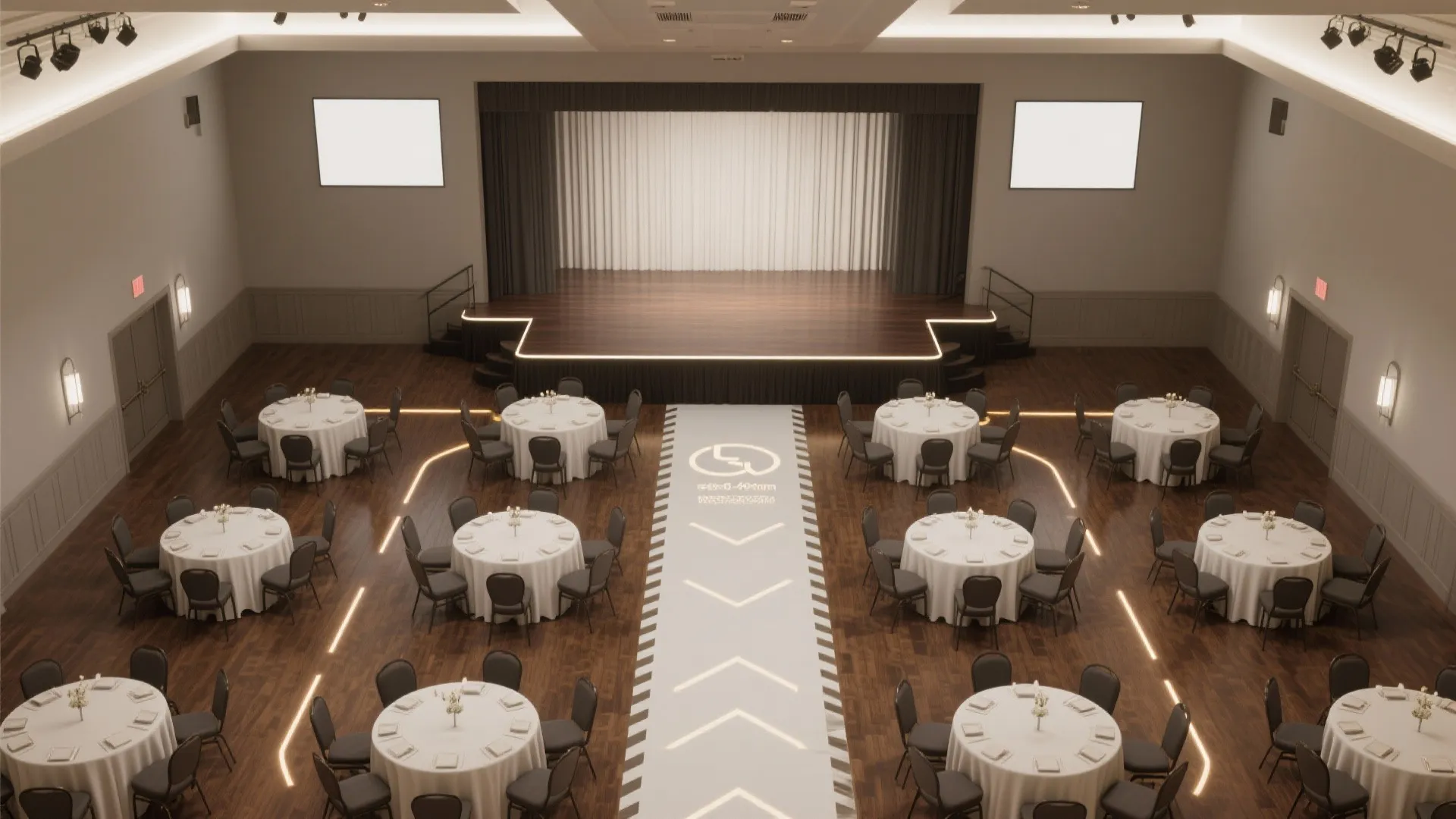 Top view of a room layout with stage round tables chairs and a white center walkway