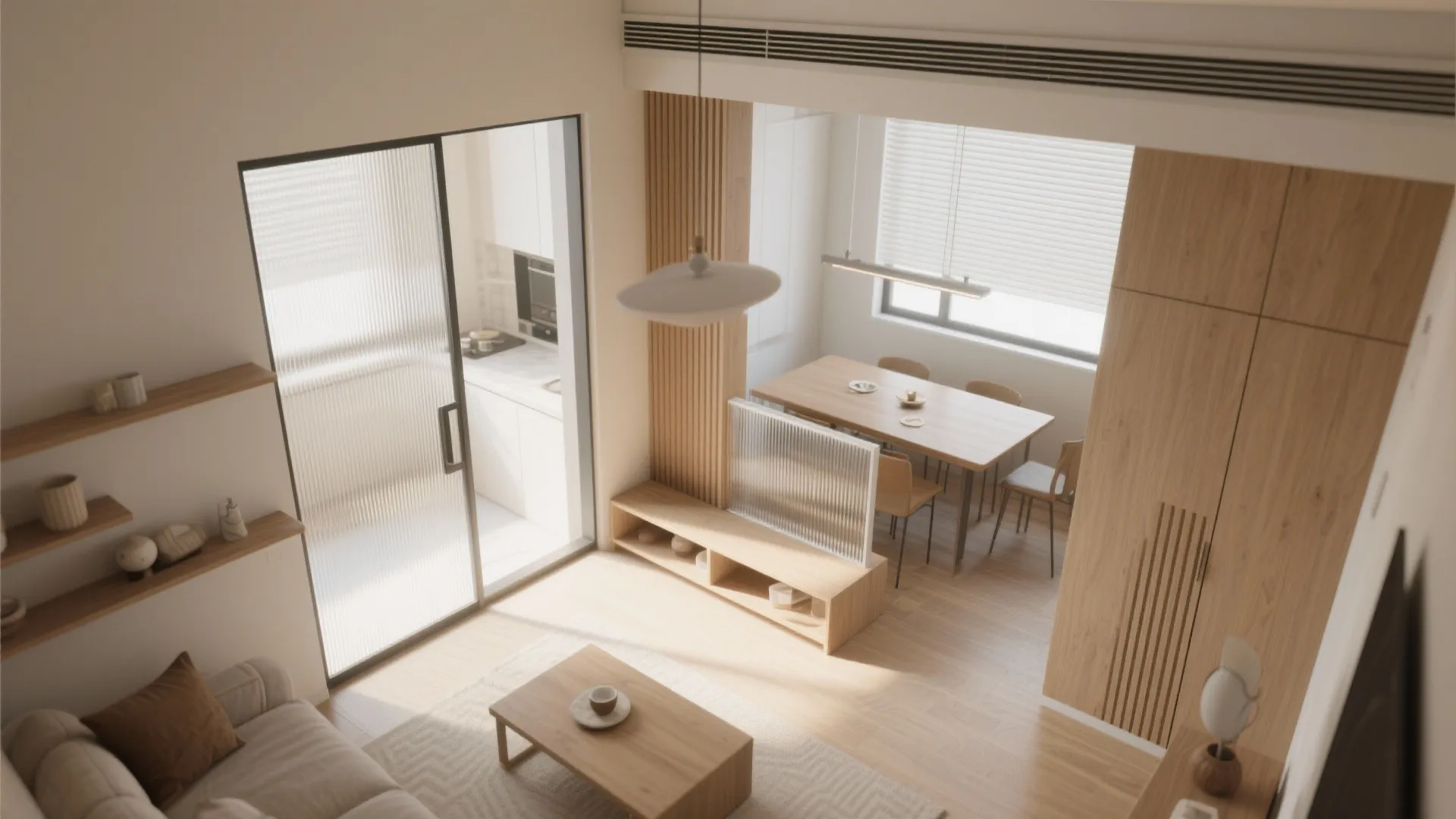 Modern apartment interior design drawing with open living area wooden dining table and large glass doors