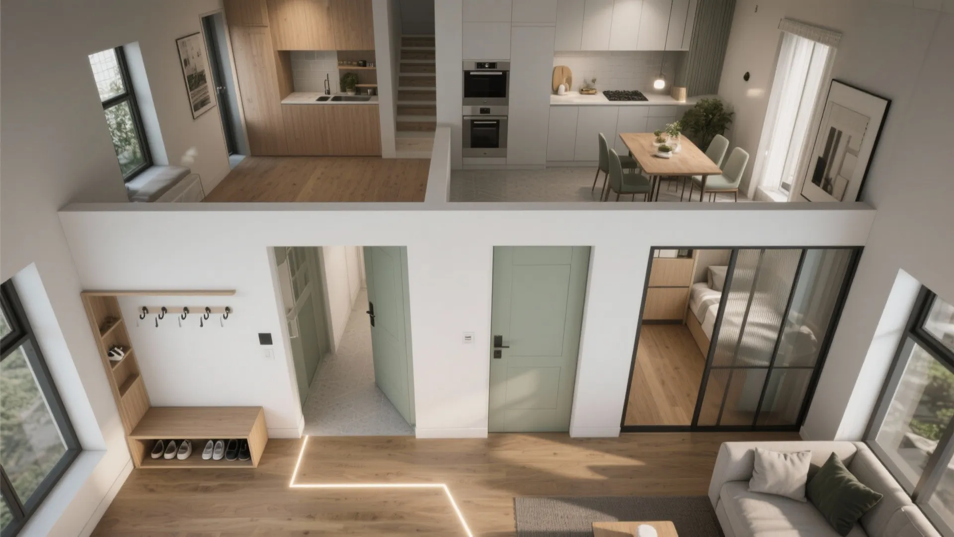 Top-down view showing circulation flow through six compact rooms with pocket doors, smart entry nook, and clear pathways.