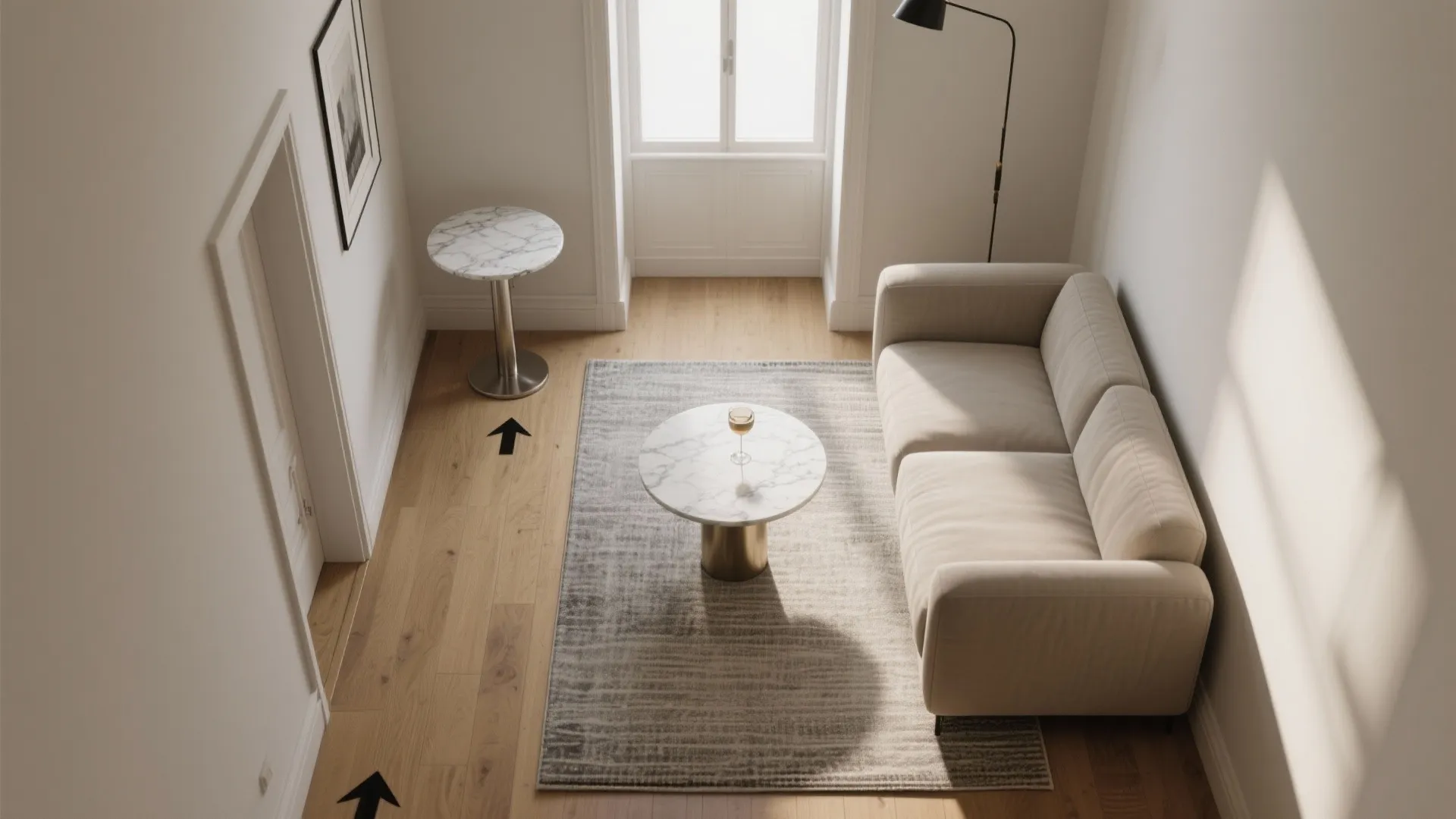 Round pedestal (“martini”) drink tables to soften traffic