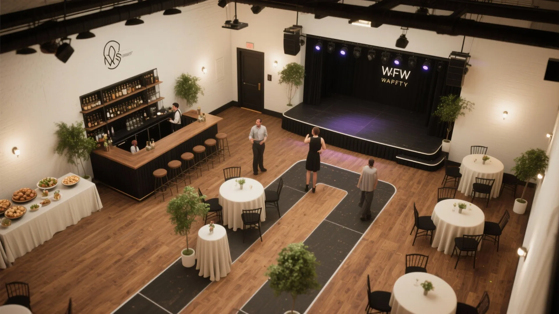 Interior design drawing of event space with bar, stage, round tables, and black floor path