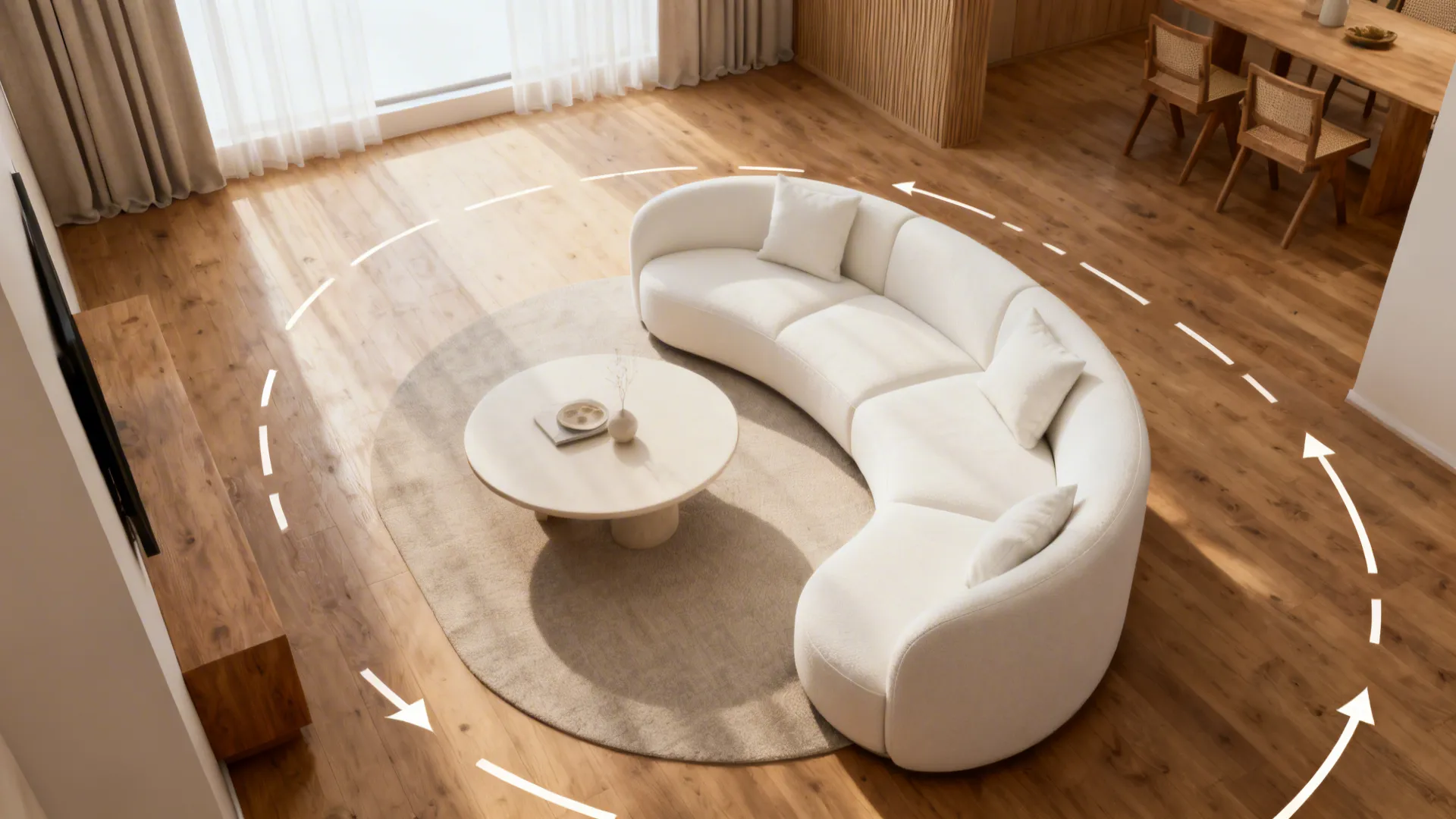 White curved sofa creating a clear traffic path around a round coffee table in a small living room