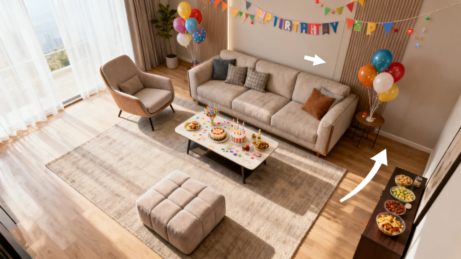 Top-down plan showing sofa off the wall, angled chair, and clear snack path.