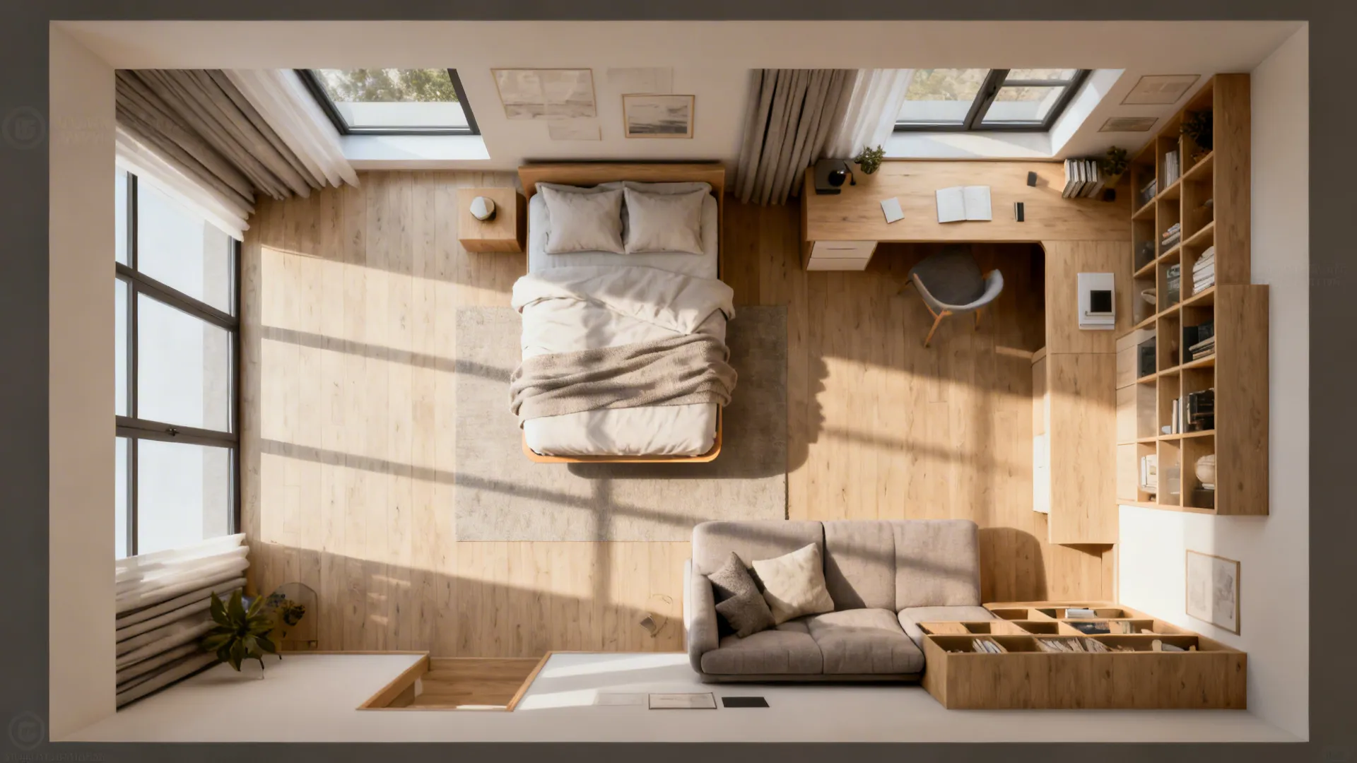 Top-down micro-apartment layout with floated bed as day sofa and L-shaped desk maximizing flow.