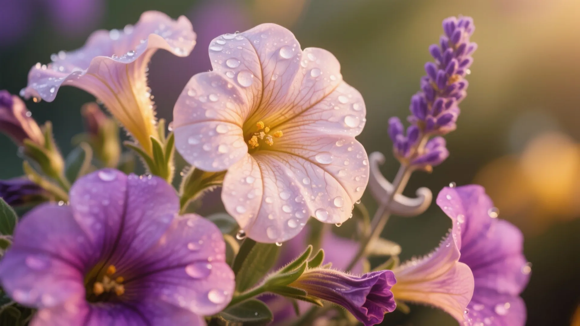 Macro of calibrachoa and petunia blooms with dewdrops in warm light.