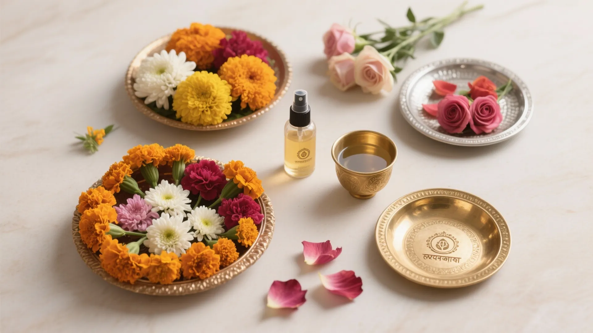 Flat-lay of marigolds, chrysanthemums, carnations, rose petals, brass and silver plates, and a spray bottle.