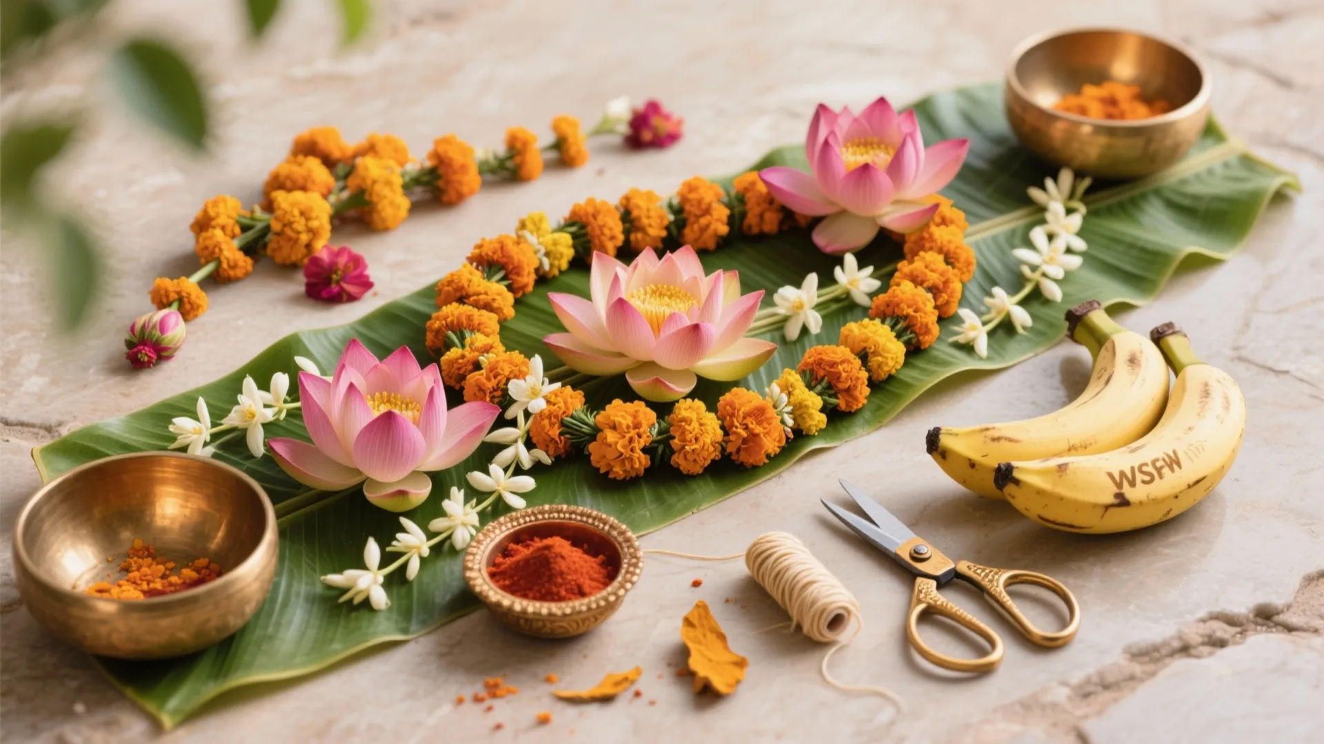 Flower-forward: marigolds, lotus, and banana leaves