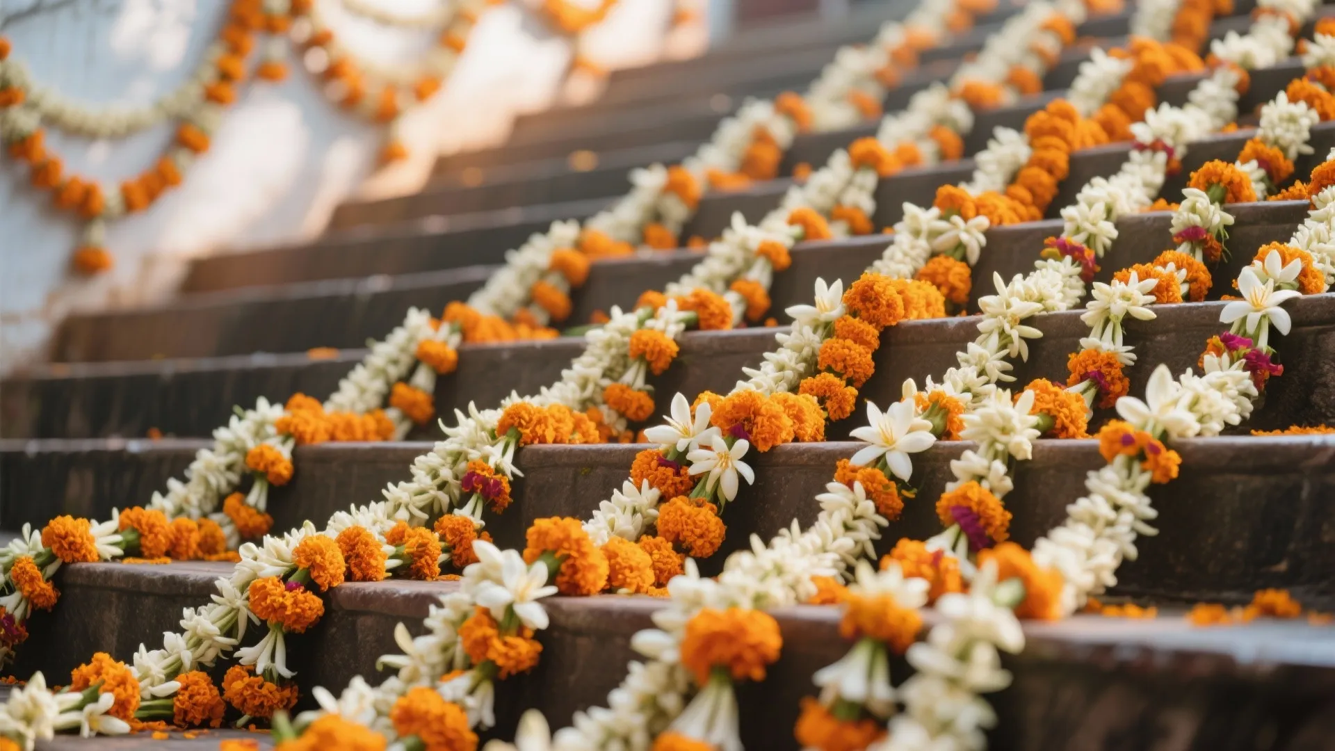 Flower garlands cascading down the padi