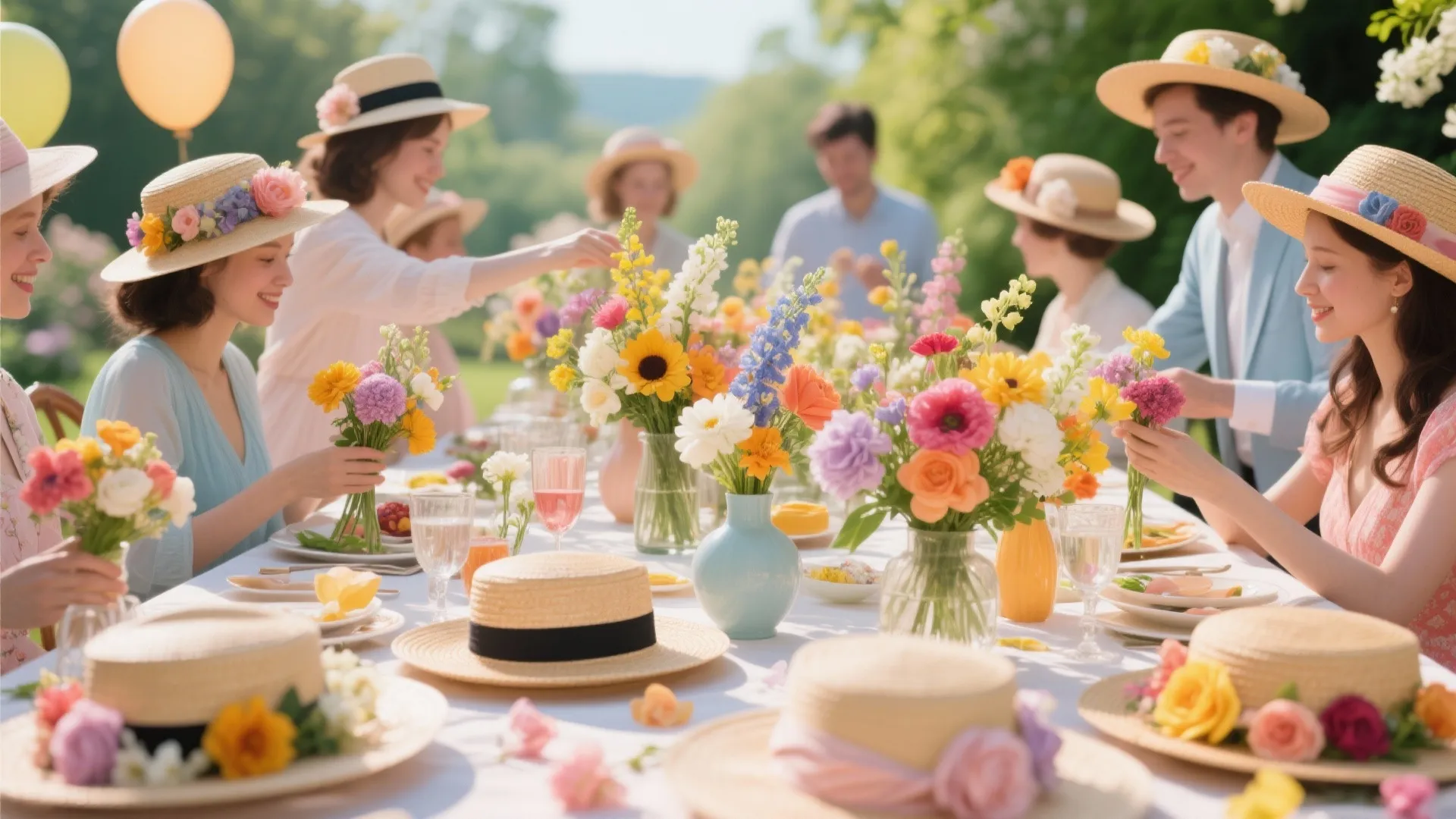 People wearing flower hats sitting around long table with colorful floral arrangements for garden party