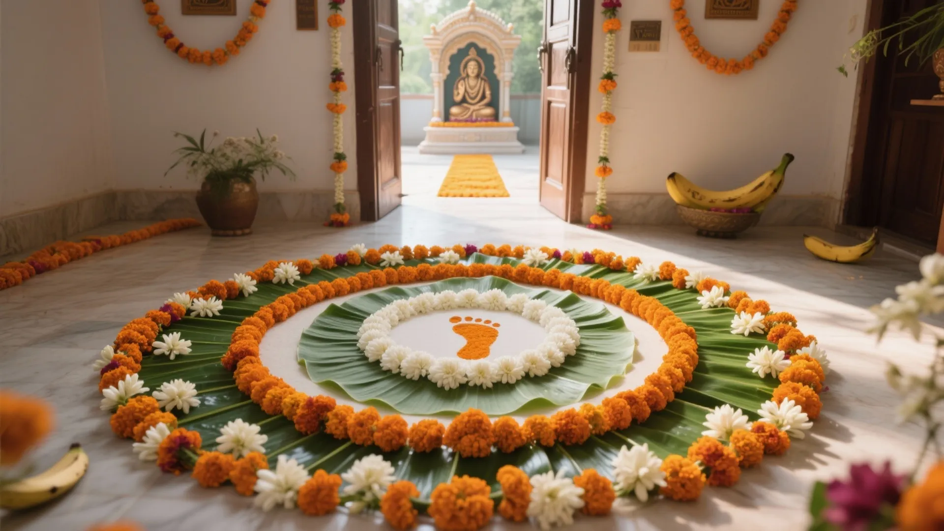 Flower Rangoli with Marigold and Leaves