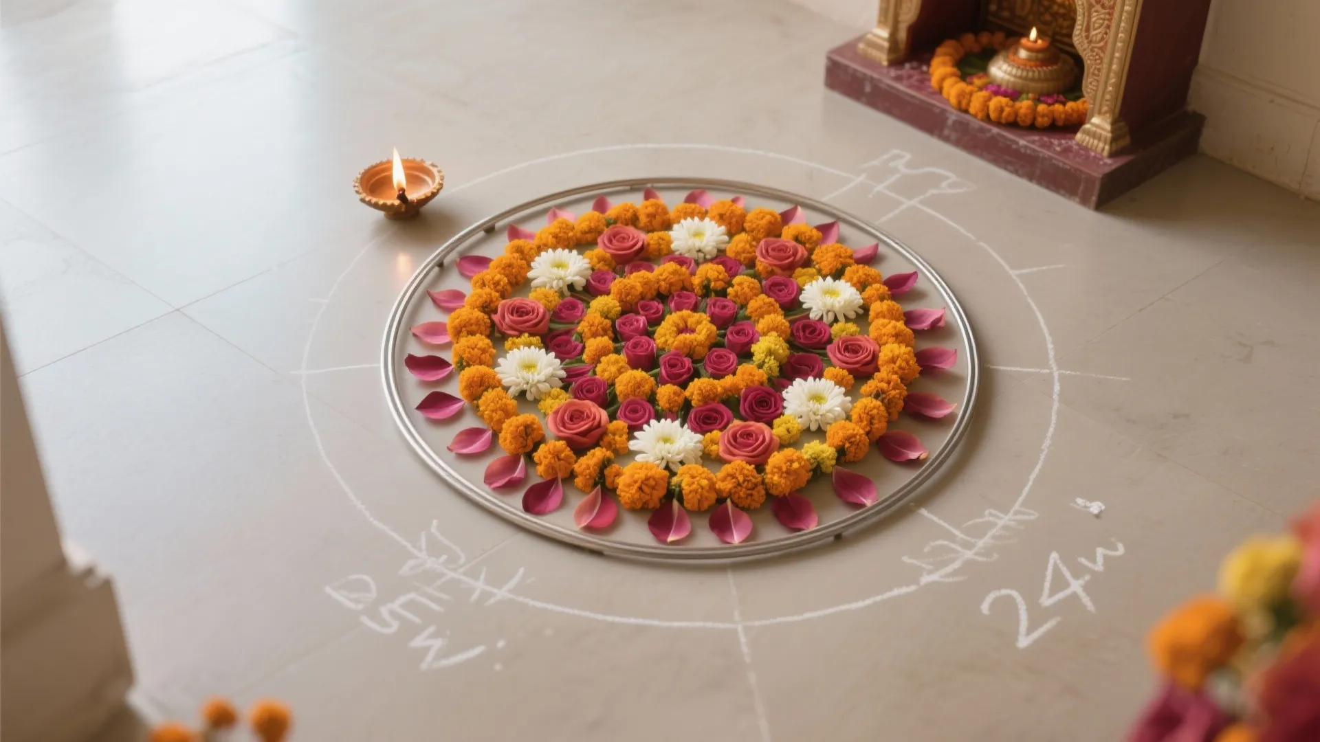 Rangoli-meets-flowers floor mandala