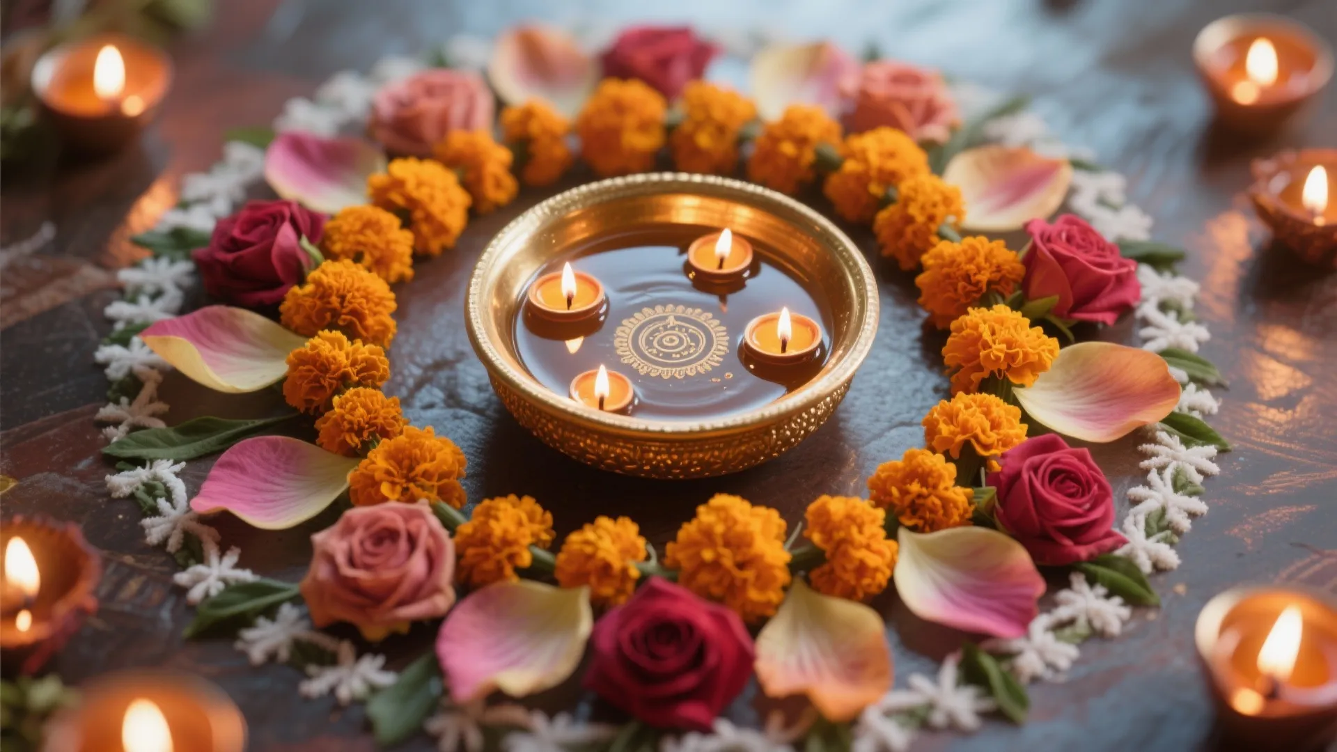 Flower Rangoli with Diyas and a Brass Urli