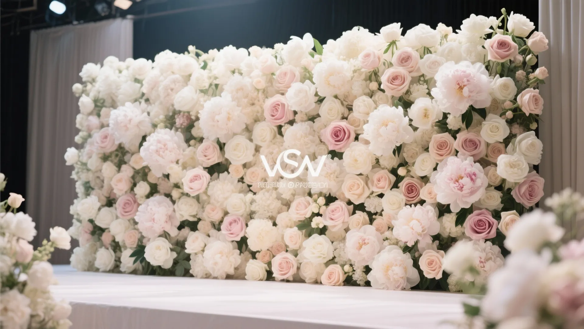 Large flower wall backdrop with many white and pink roses for a wedding or event