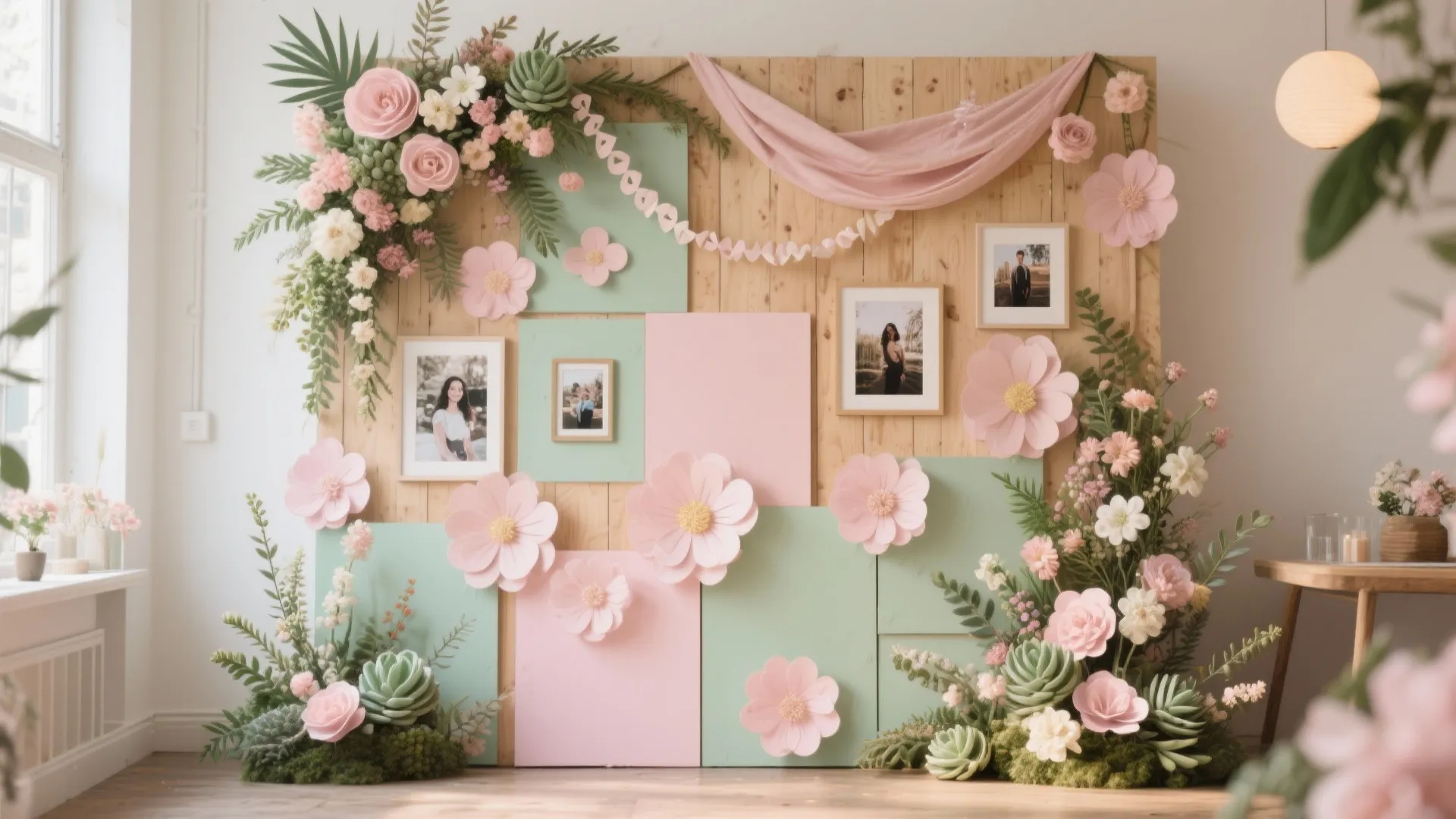 Decorative wood wall panel with large pink paper flowers green accents and framed family photos