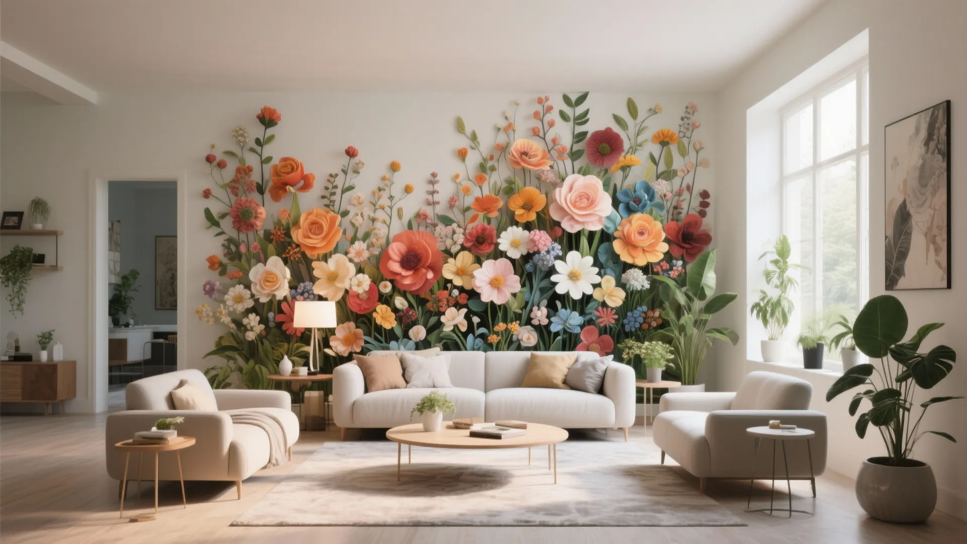 Bright living room featuring a large colorful flower wall mural behind a white modern sofa