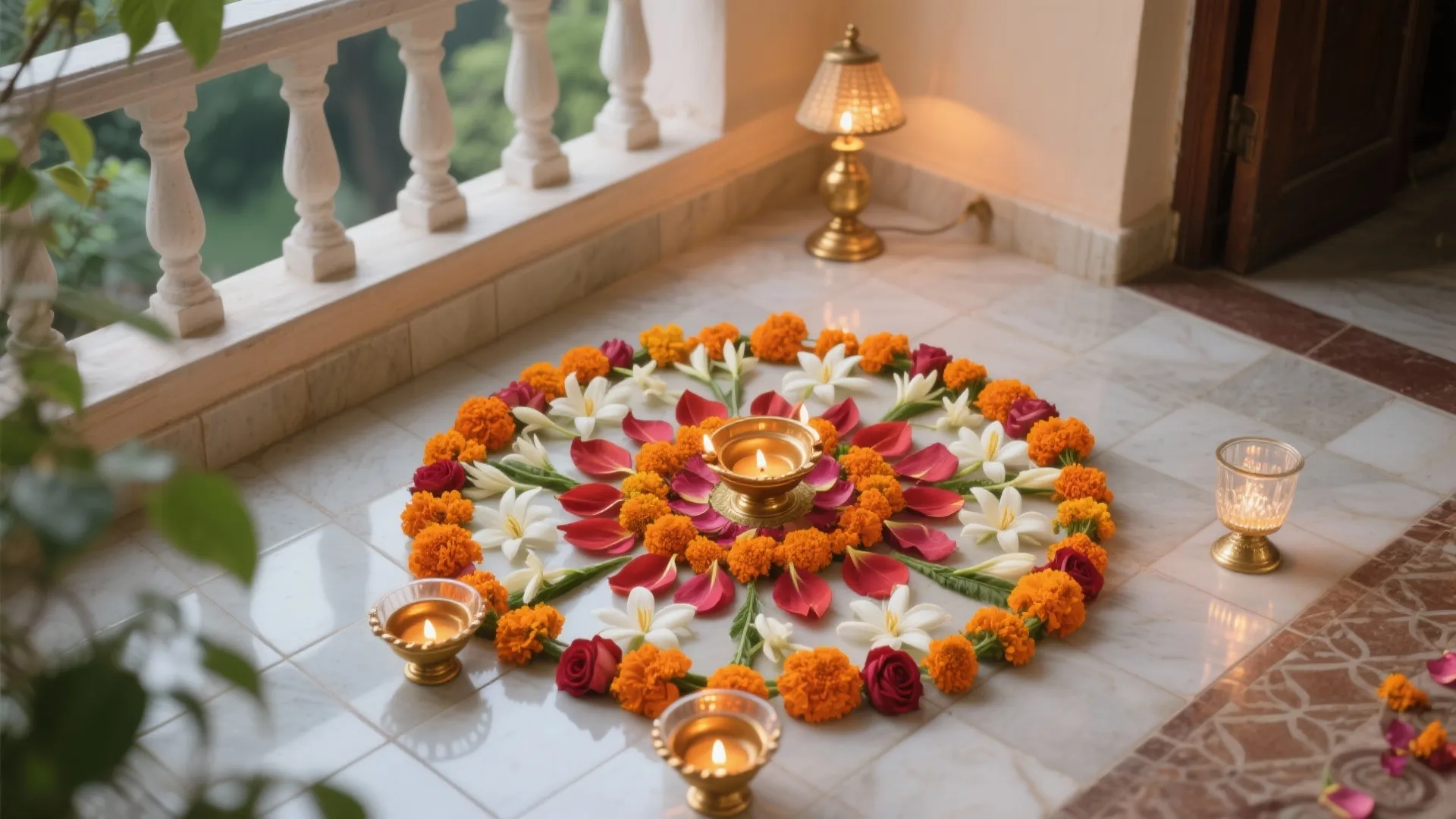 Eco-friendly Flower Rangoli with Diyas
