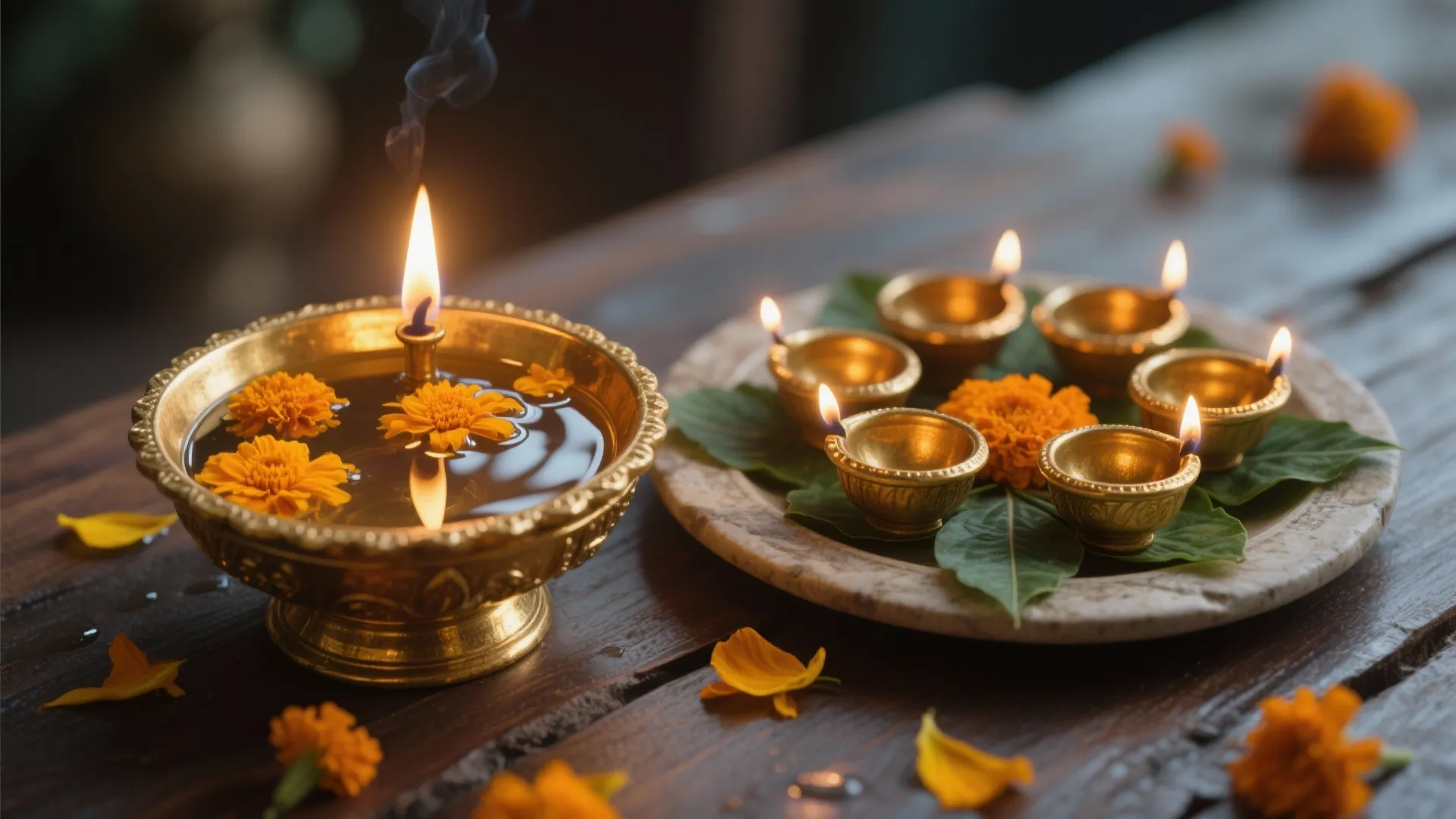 Brass oil lamps and orange flowers on a dark wood table for a spiritual celebration