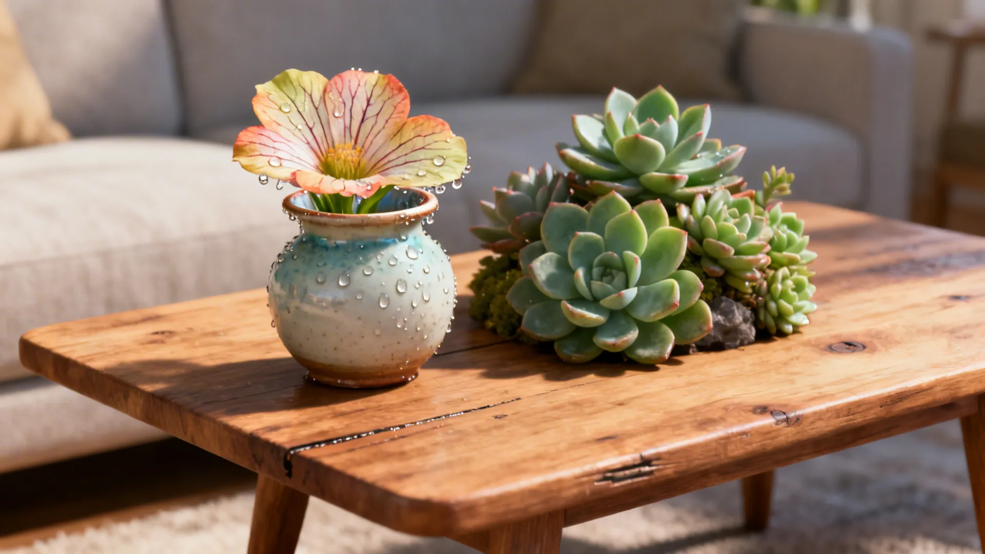 Small vase of fresh flowers and succulent on a coffee table for a seasonal pop