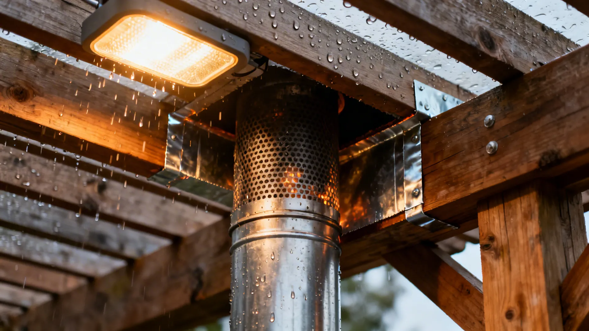 Metal pipe passing through wooden roof with light fixture and raindrops during a light rain.