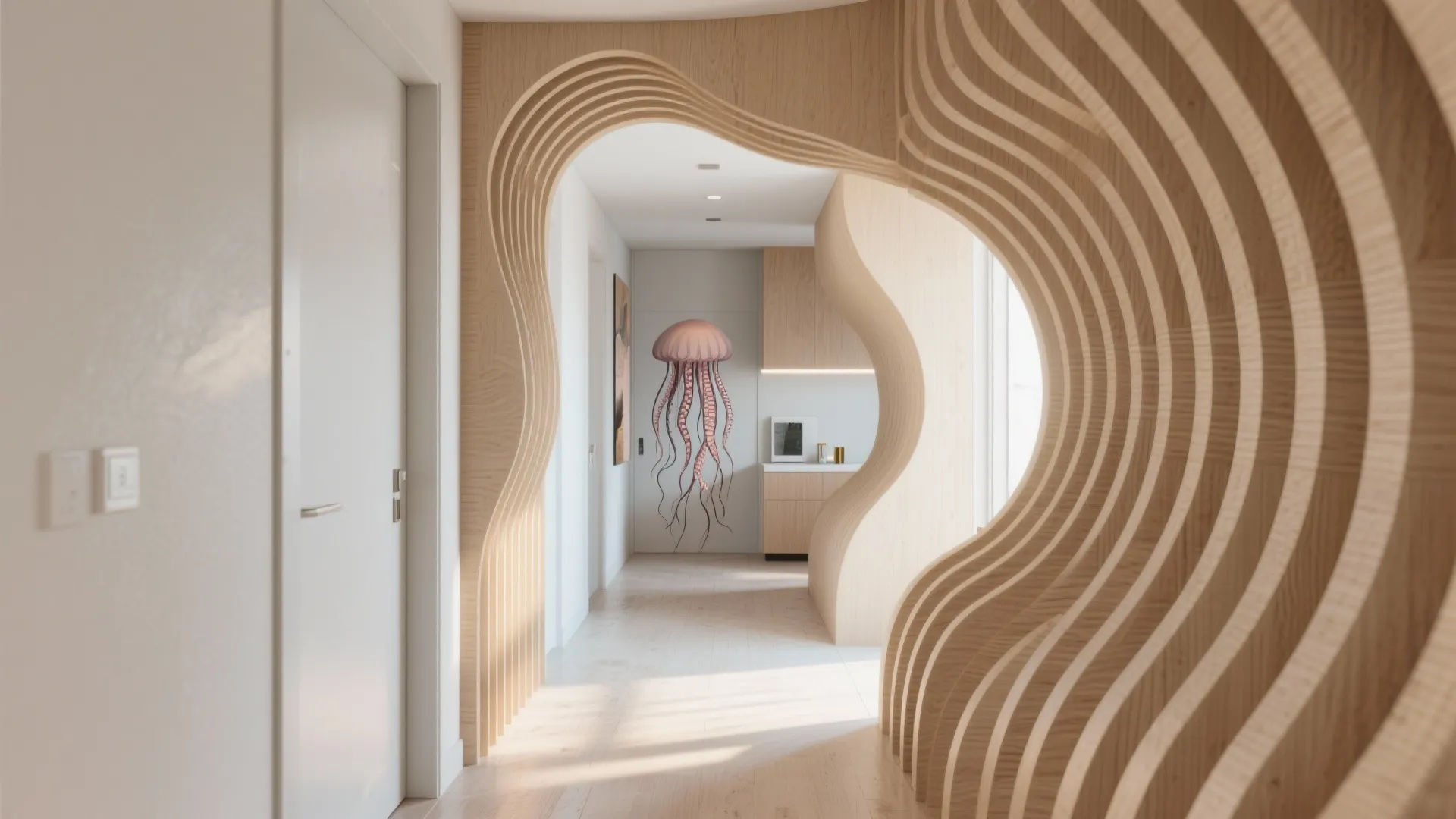 Curved wall panels inspired by jellyfish tentacles in a narrow hallway