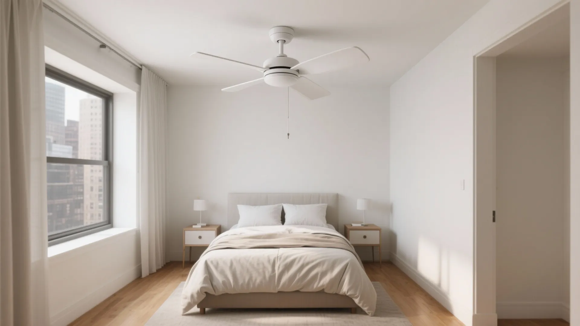 Flush-mount 52-inch fan on a low ceiling in a compact bedroom, preserving headroom and wall clearance.