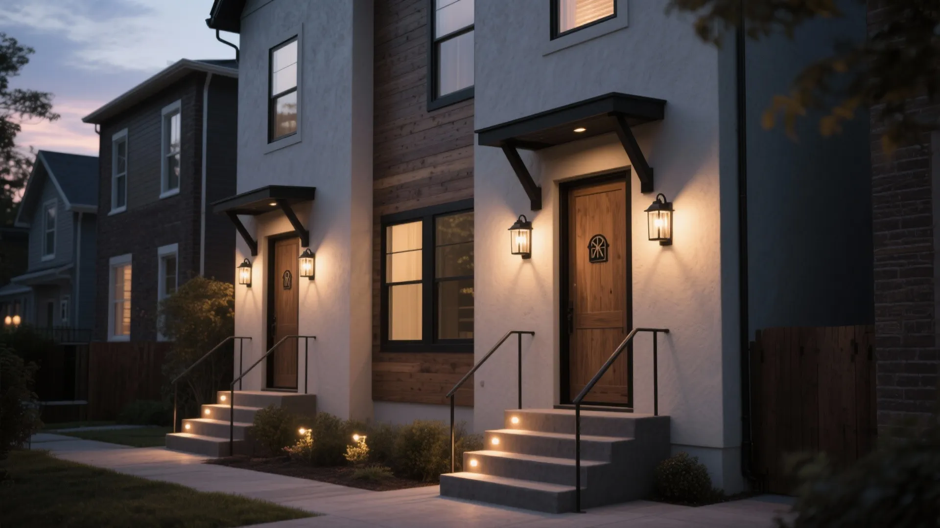 2. Flush-mount barn lights for modern rustic façades