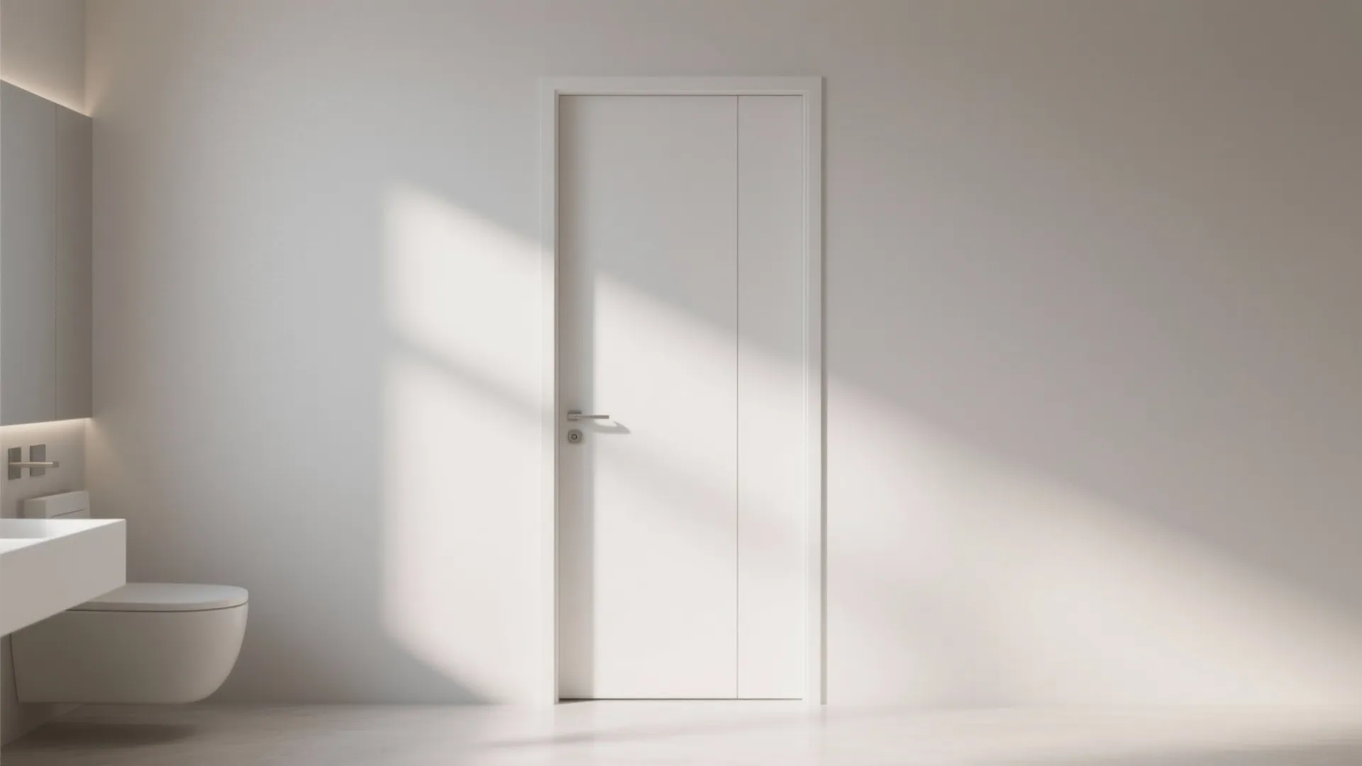 Minimalist white bathroom door with simple metal handle next to a white toilet and sink