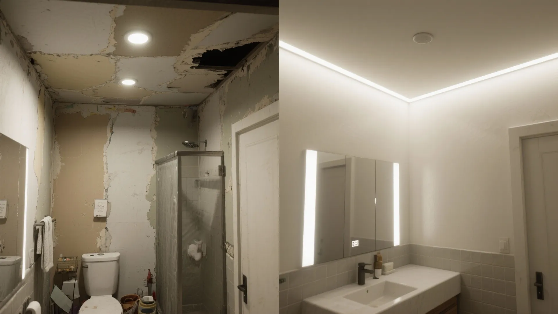 Before and after comparison of a messy old bathroom renovation into a clean modern space