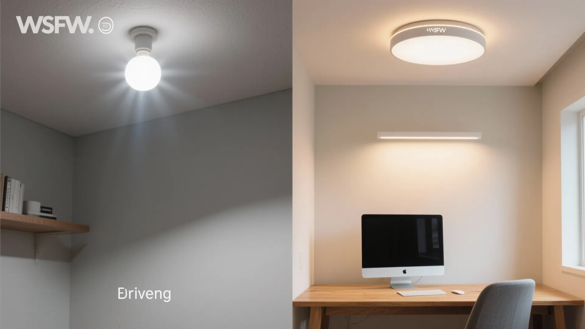 Before and after comparison of a single light bulb versus modern ceiling and wall lights