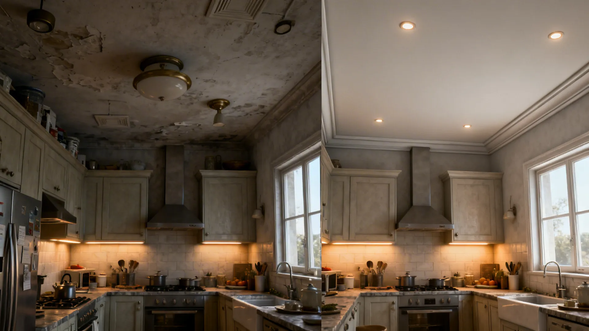 Before-and-after of a small kitchen ceiling transforming into a flush gypsum design with micro-reveals.
