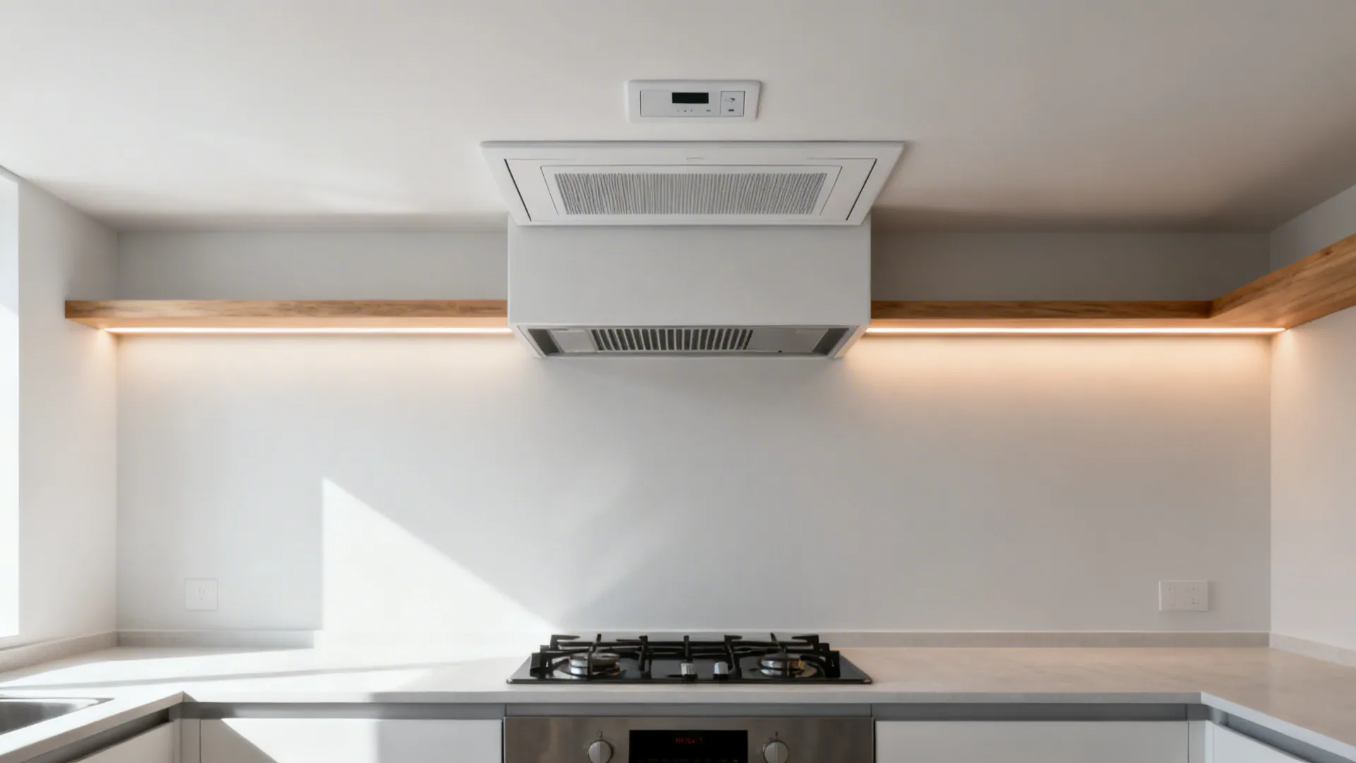 Micro-loft kitchen with a flush-mounted ceiling cassette exhaust and focused task lighting.