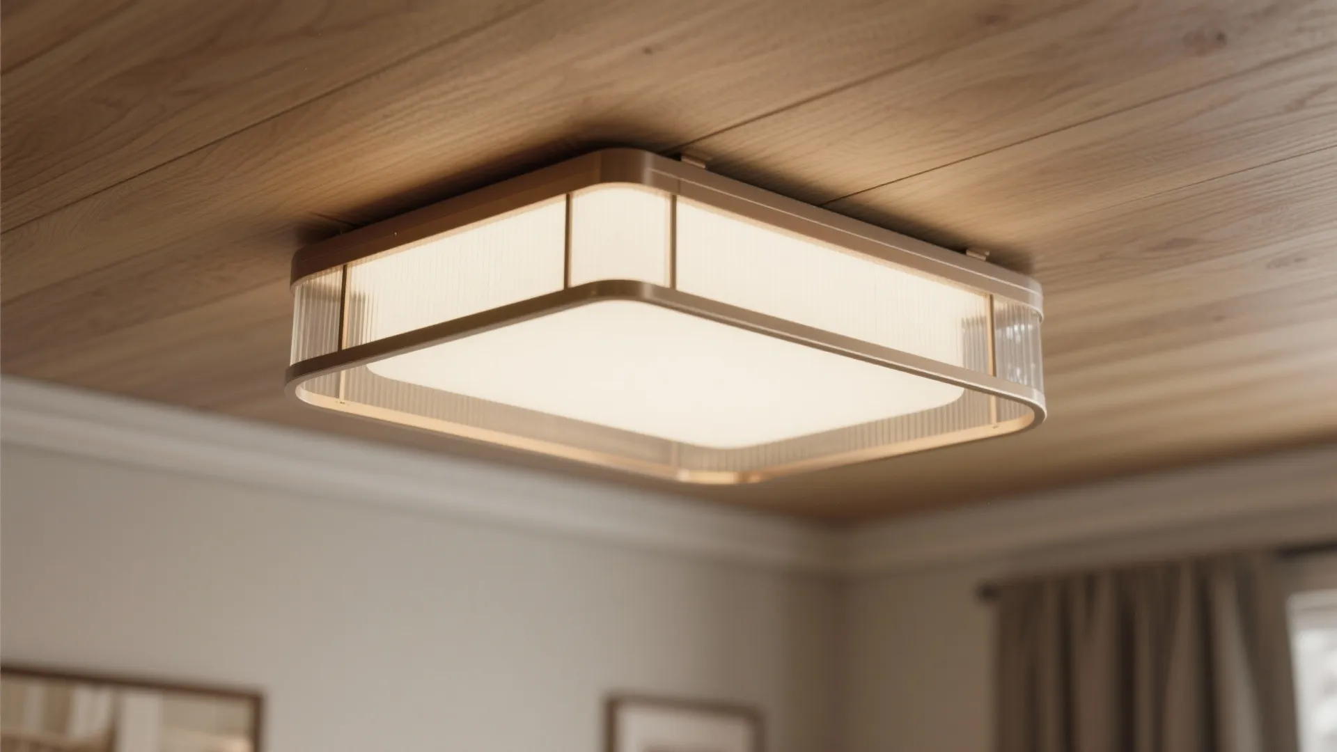 Flush ceiling light with frosted diffuser softening the room's ambient light.