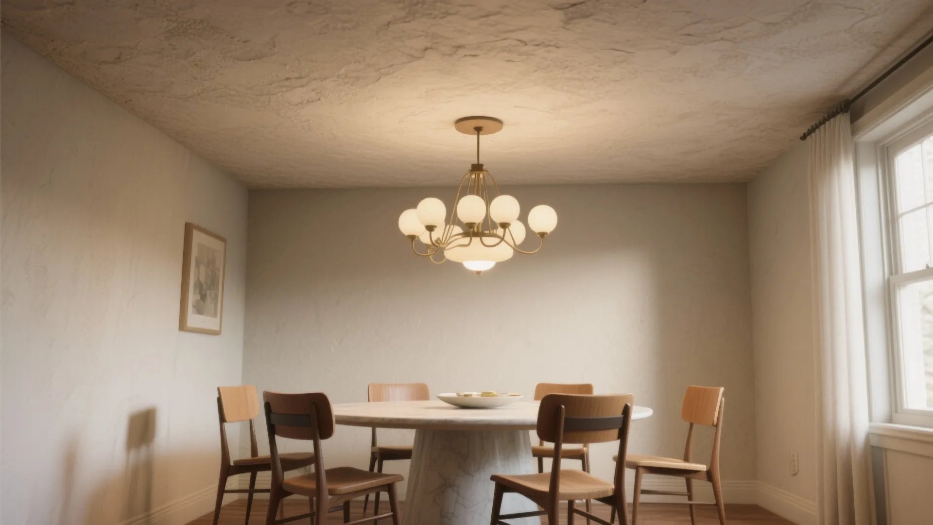 Multi bulb ceiling light hanging over a round marble table with wooden chairs in dining