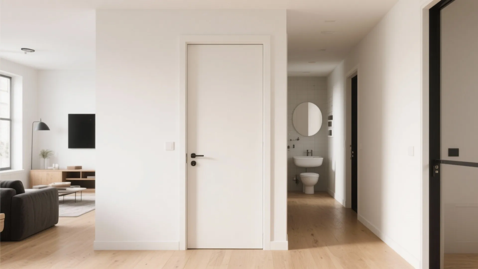 Flush painted bathroom door aligned with the wall, creating a seamless look in a small studio.