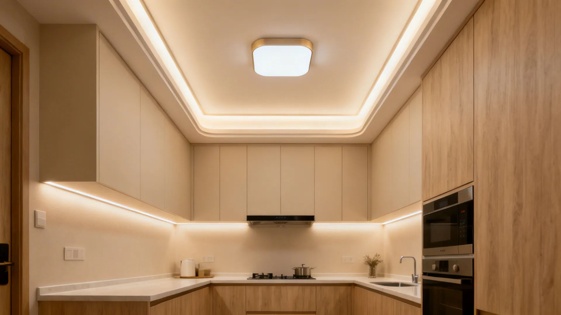 Modern kitchen with wooden cabinets white upper cupboards square ceiling light and warm hidden lighting
